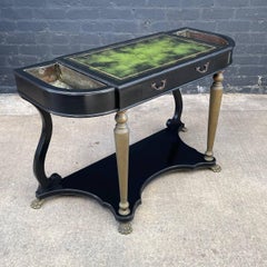 French Neoclassical Ebonized & Leather Top Console Table with Planter and Brass