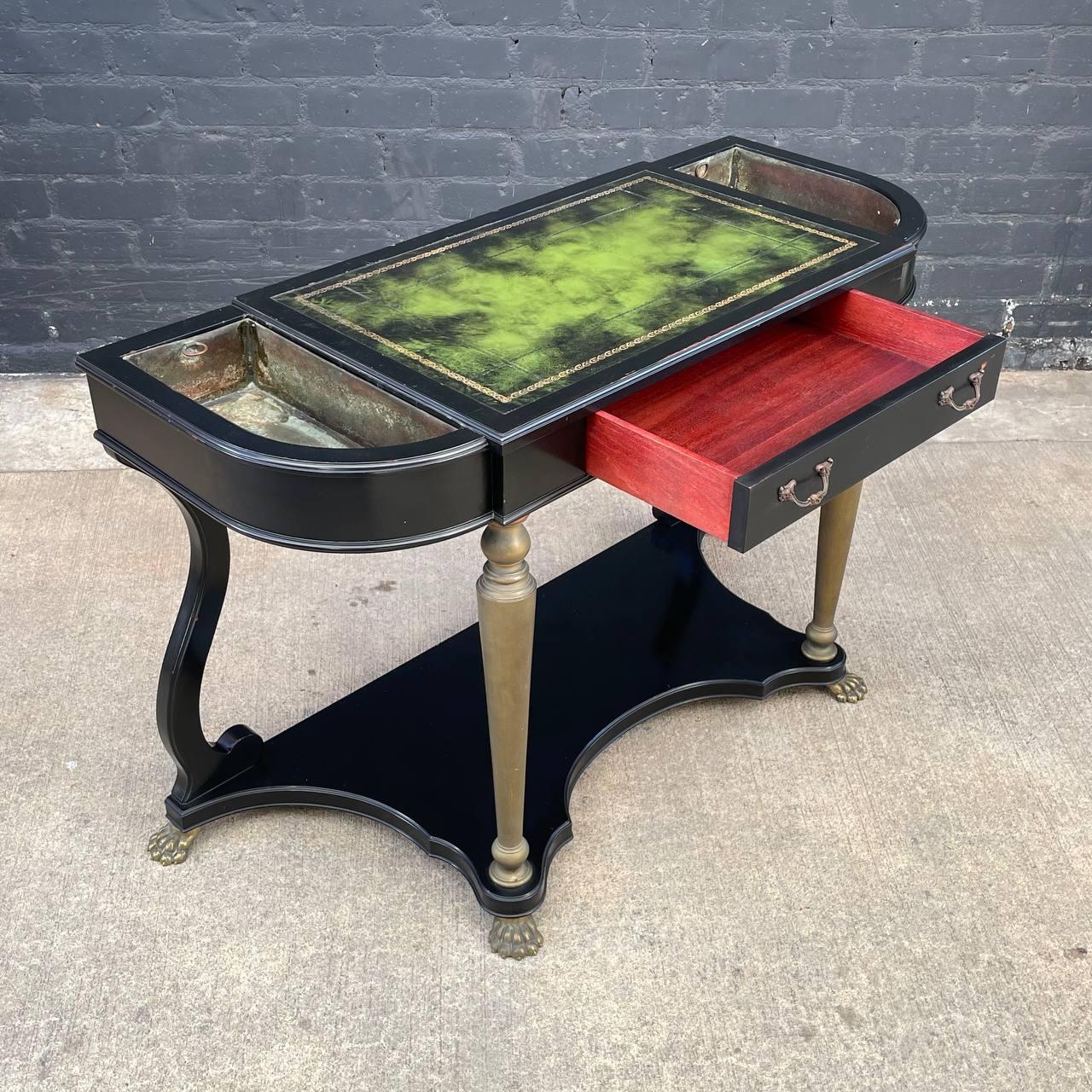 American French Neoclassical Ebonized & Leather Top Console Table with Planter and Brass  For Sale