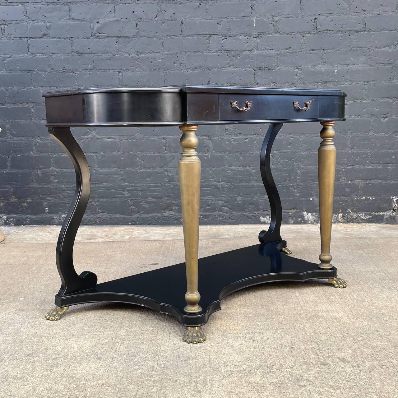 French Neoclassical Ebonized & Leather Top Console Table with Planter and Brass  In Good Condition For Sale In Los Angeles, CA