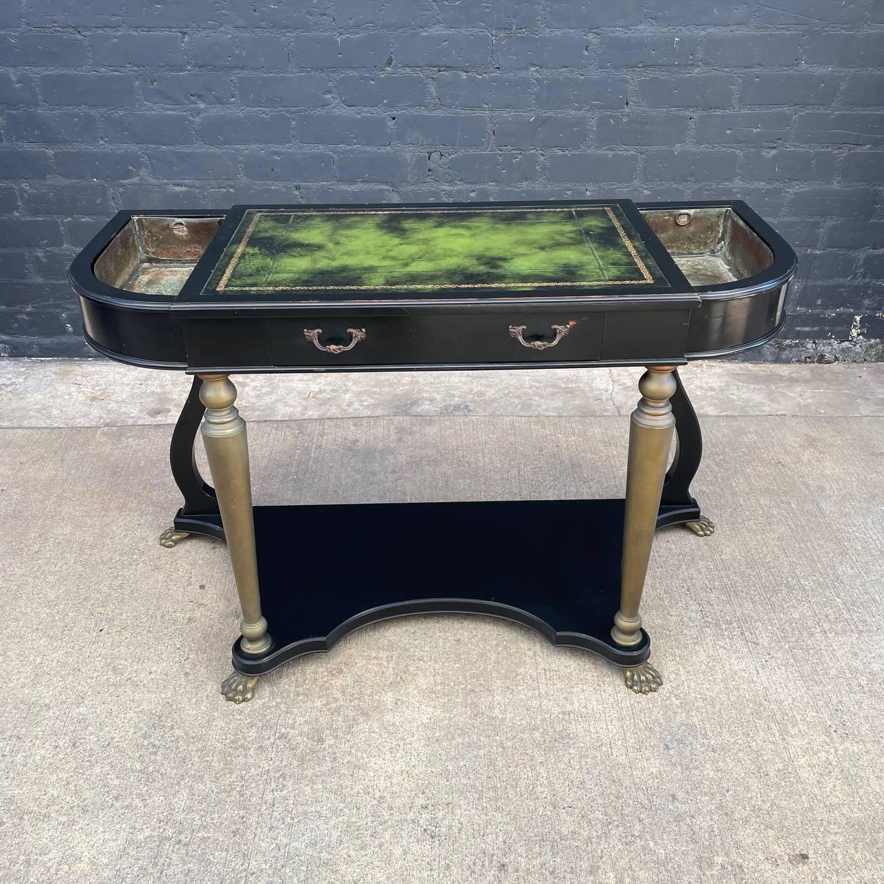 Mid-20th Century French Neoclassical Ebonized & Leather Top Console Table with Planter and Brass  For Sale