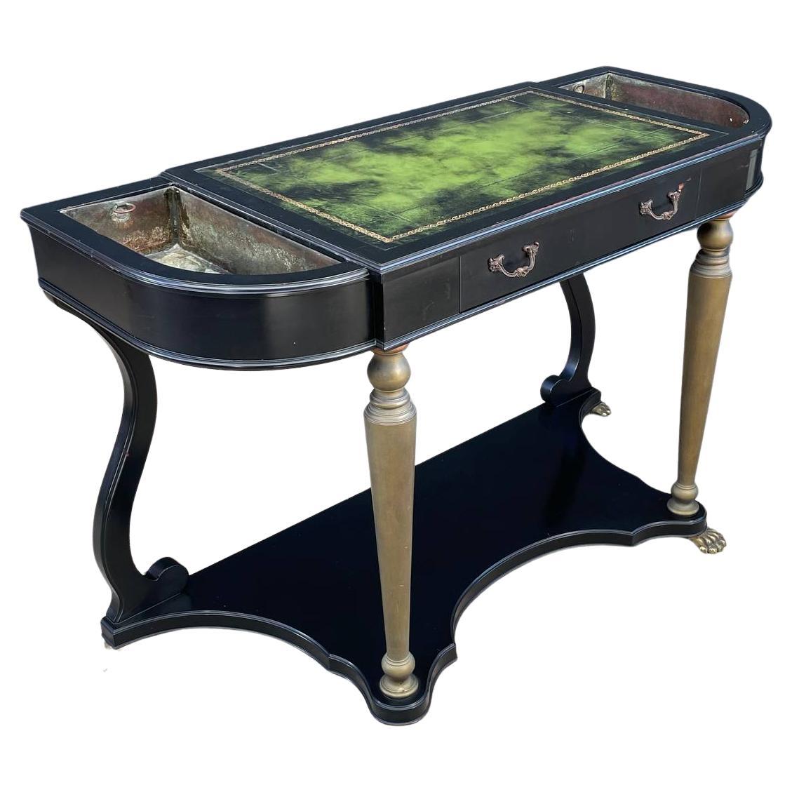 French Neoclassical Ebonized & Leather Top Console Table with Planter and Brass  For Sale