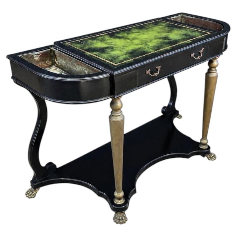 French Neoclassical Ebonized & Leather Top Console Table with Planter and Brass