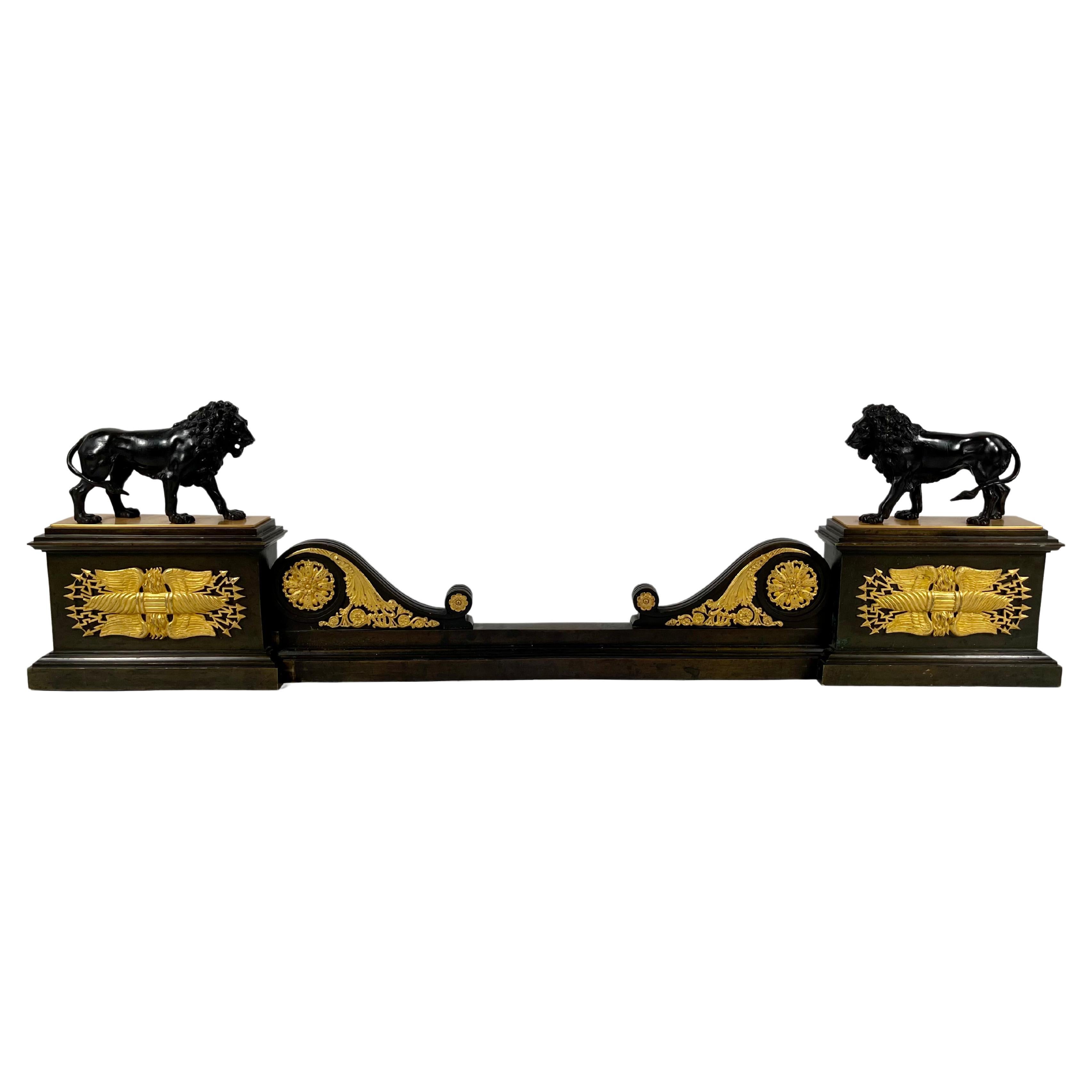 French Neoclassical Gilt Bronze Lion Fireplace Fender Adjustable Width