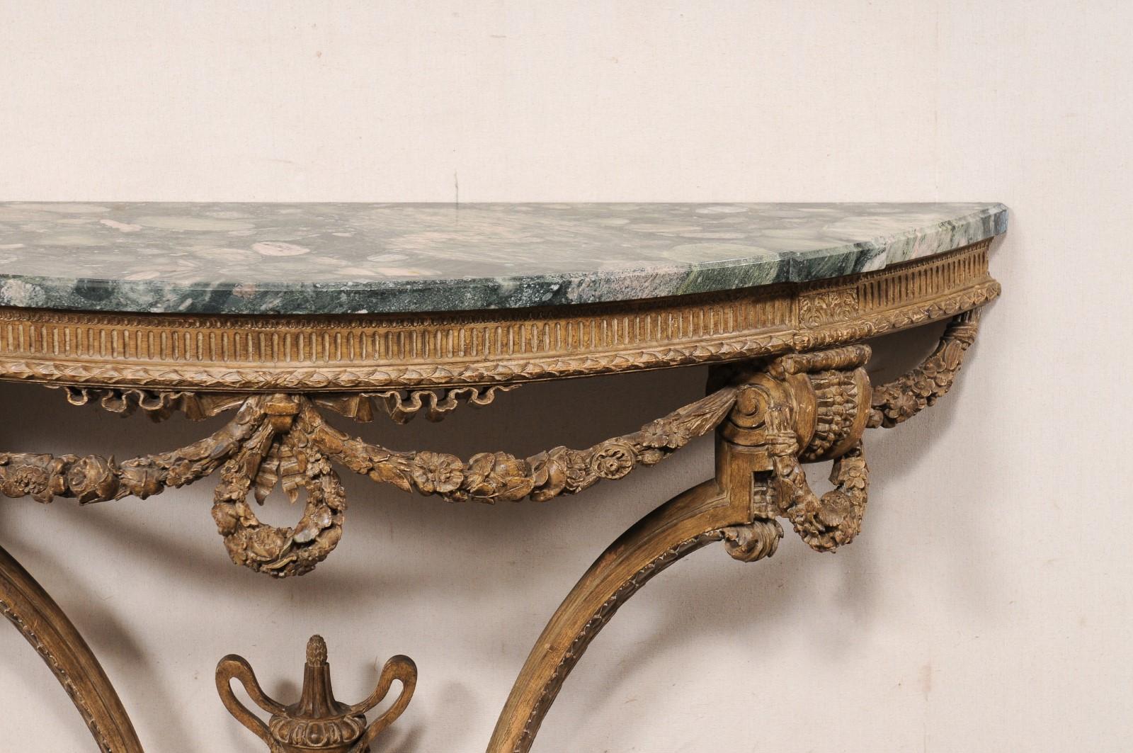 19th Century French Neoclassical Exquisitely Carved Wall Console w/Green Marble Top For Sale