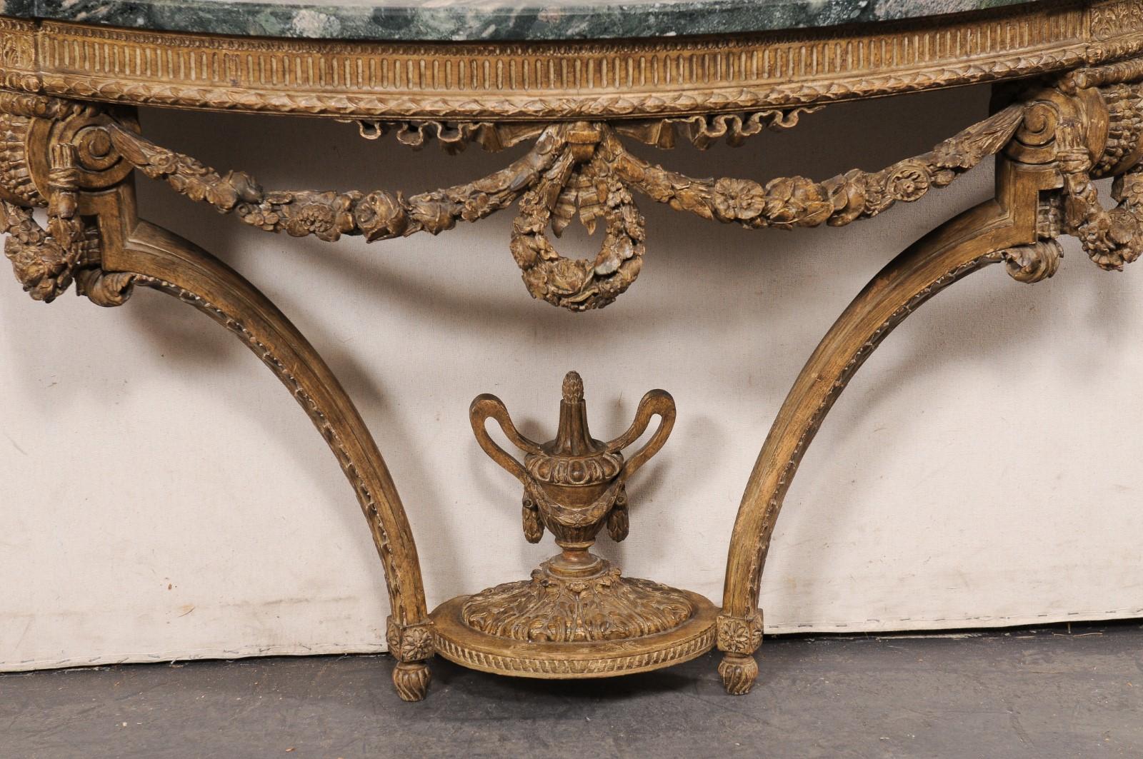 French Neoclassical Exquisitely Carved Wall Console w/Green Marble Top For Sale 1