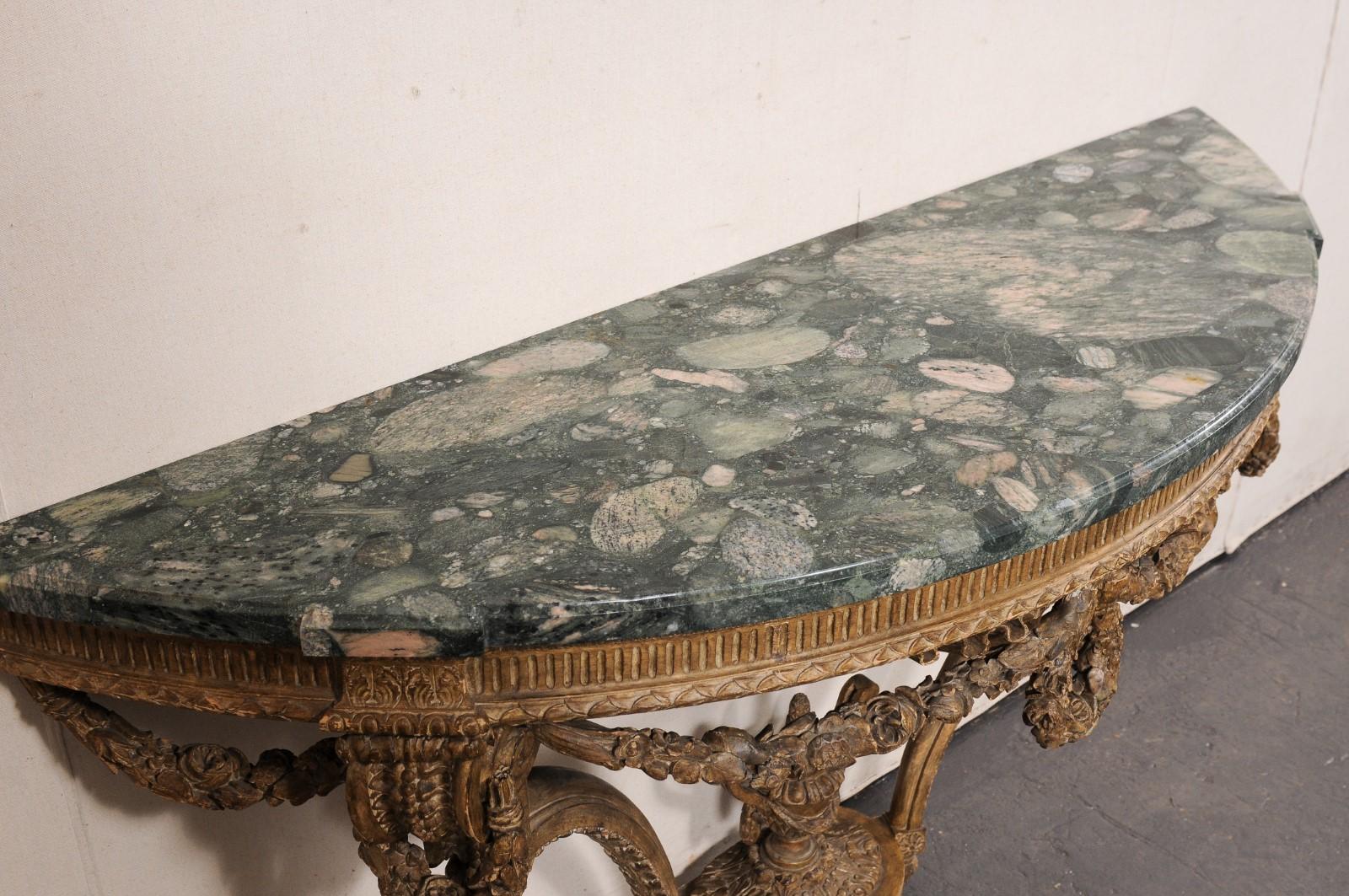 French Neoclassical Exquisitely Carved Wall Console w/Green Marble Top For Sale 2