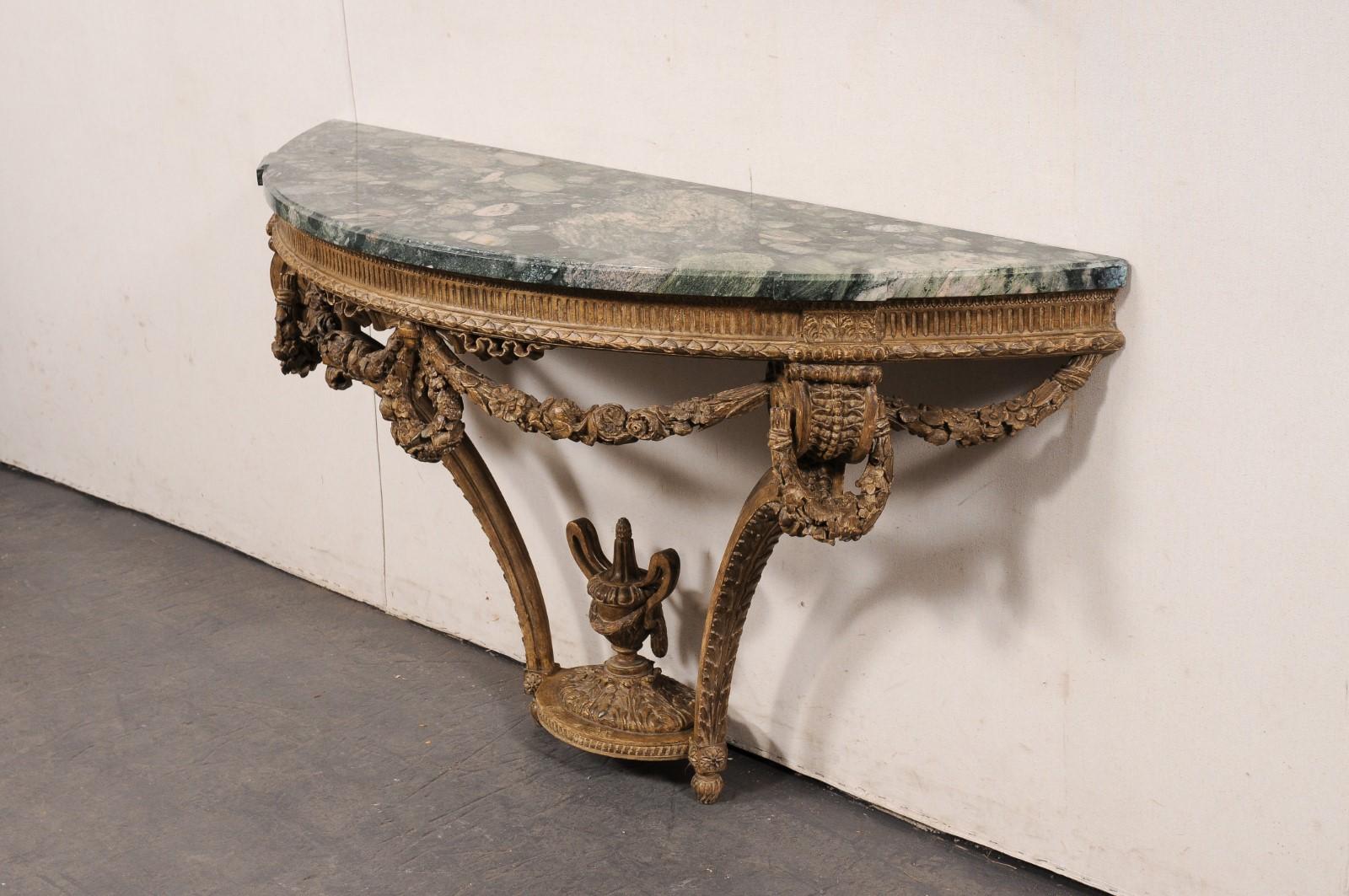 French Neoclassical Exquisitely Carved Wall Console w/Green Marble Top For Sale 3