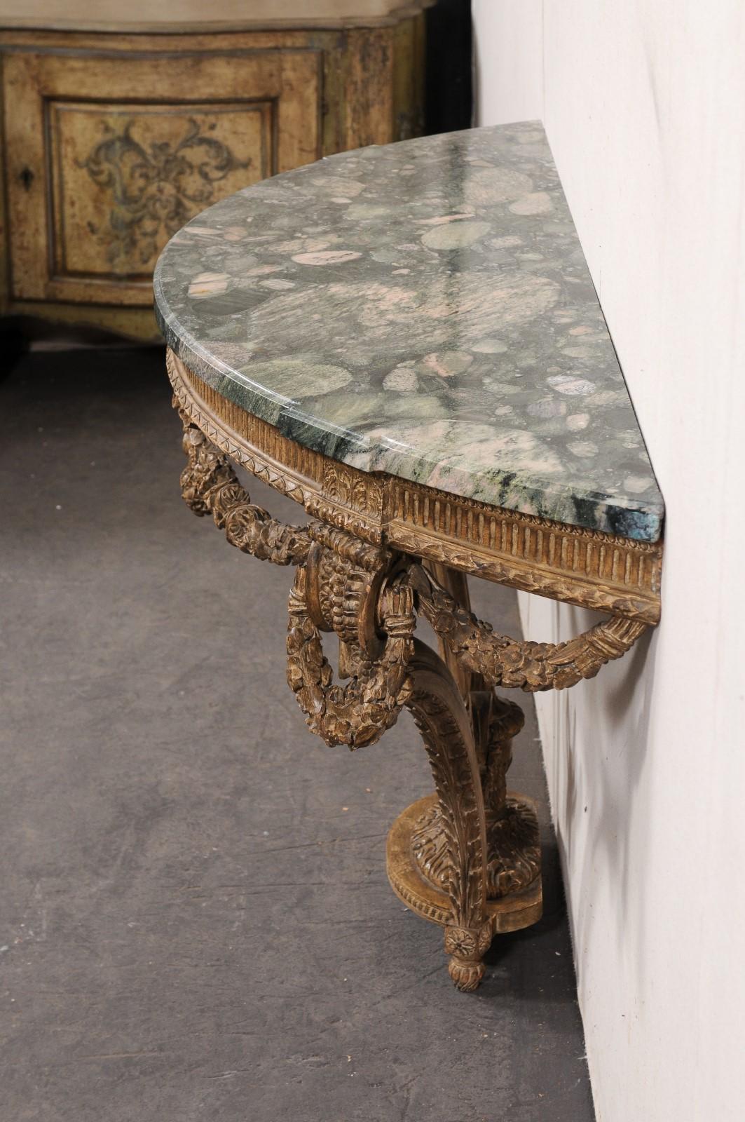 French Neoclassical Exquisitely Carved Wall Console w/Green Marble Top For Sale 4