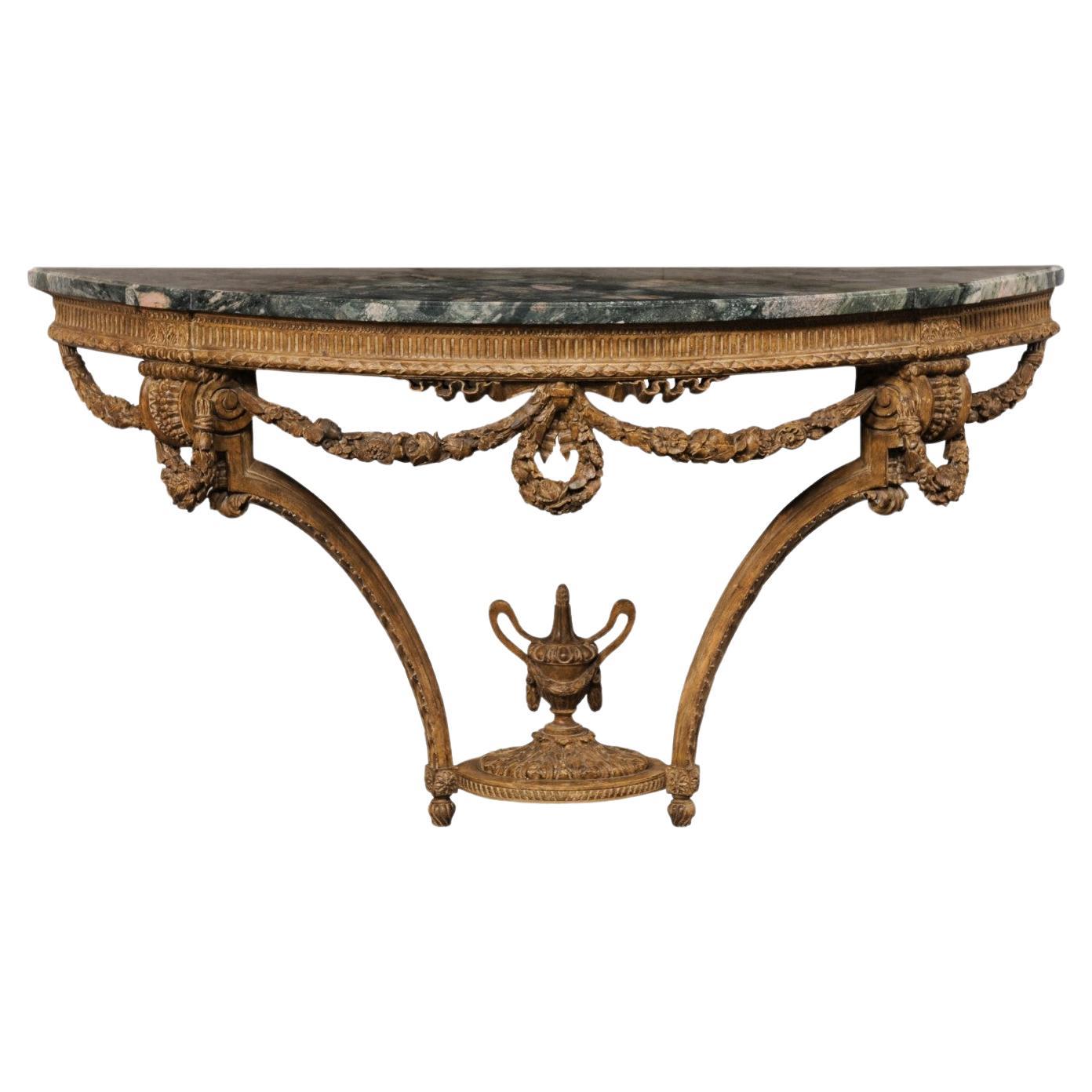 French Neoclassical Exquisitely Carved Wall Console w/Green Marble Top