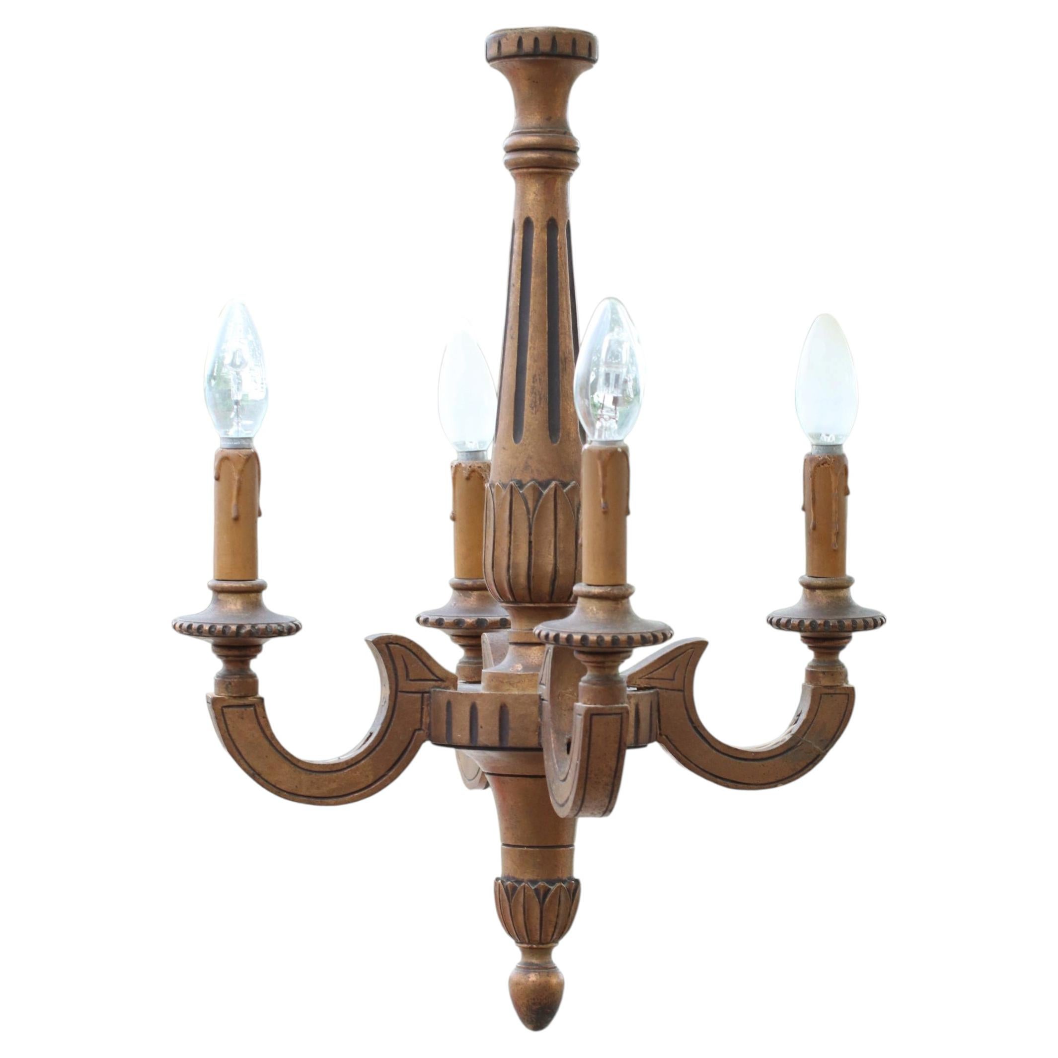 French Neoclassical Five-Light Carved Wood Chandelier with Aged Gold Finish For Sale