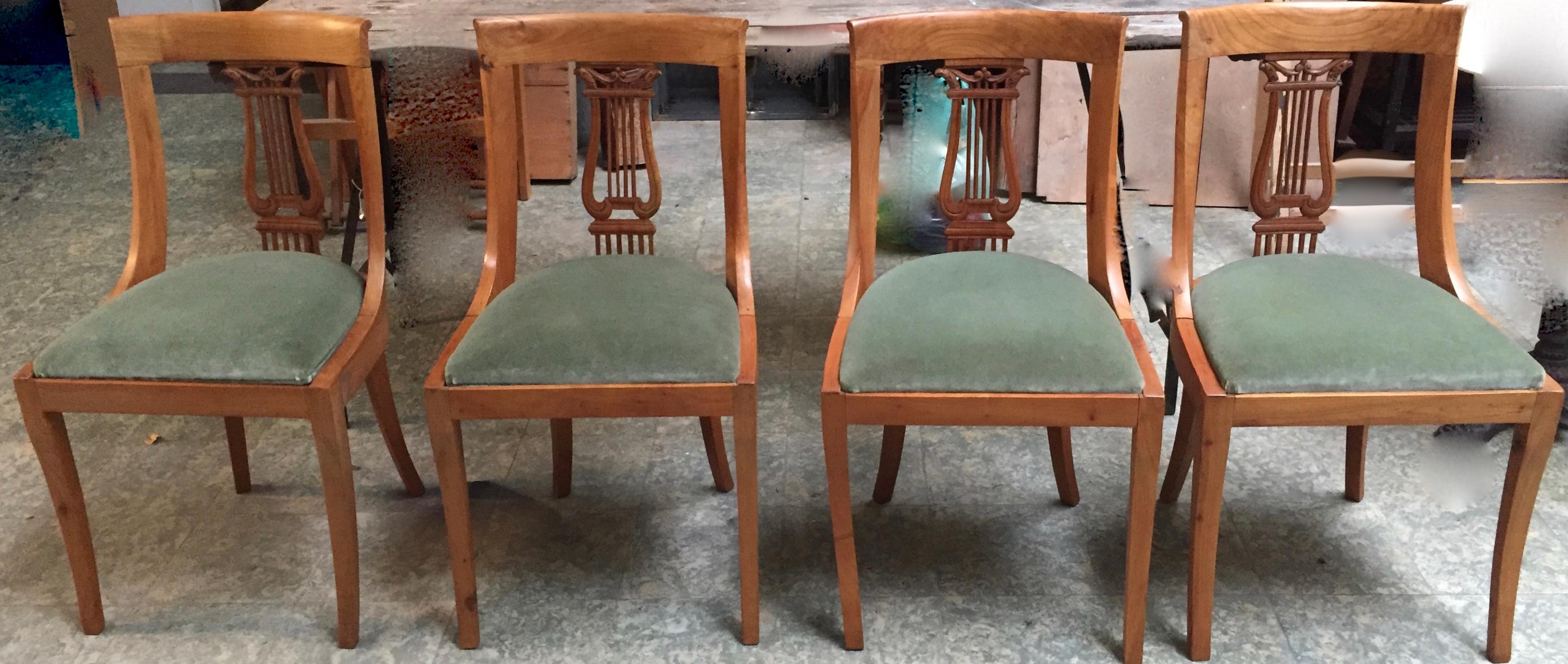 French Neoclassical Fruitwood Lyre Back Chairs with Falcon Heads For Sale 11