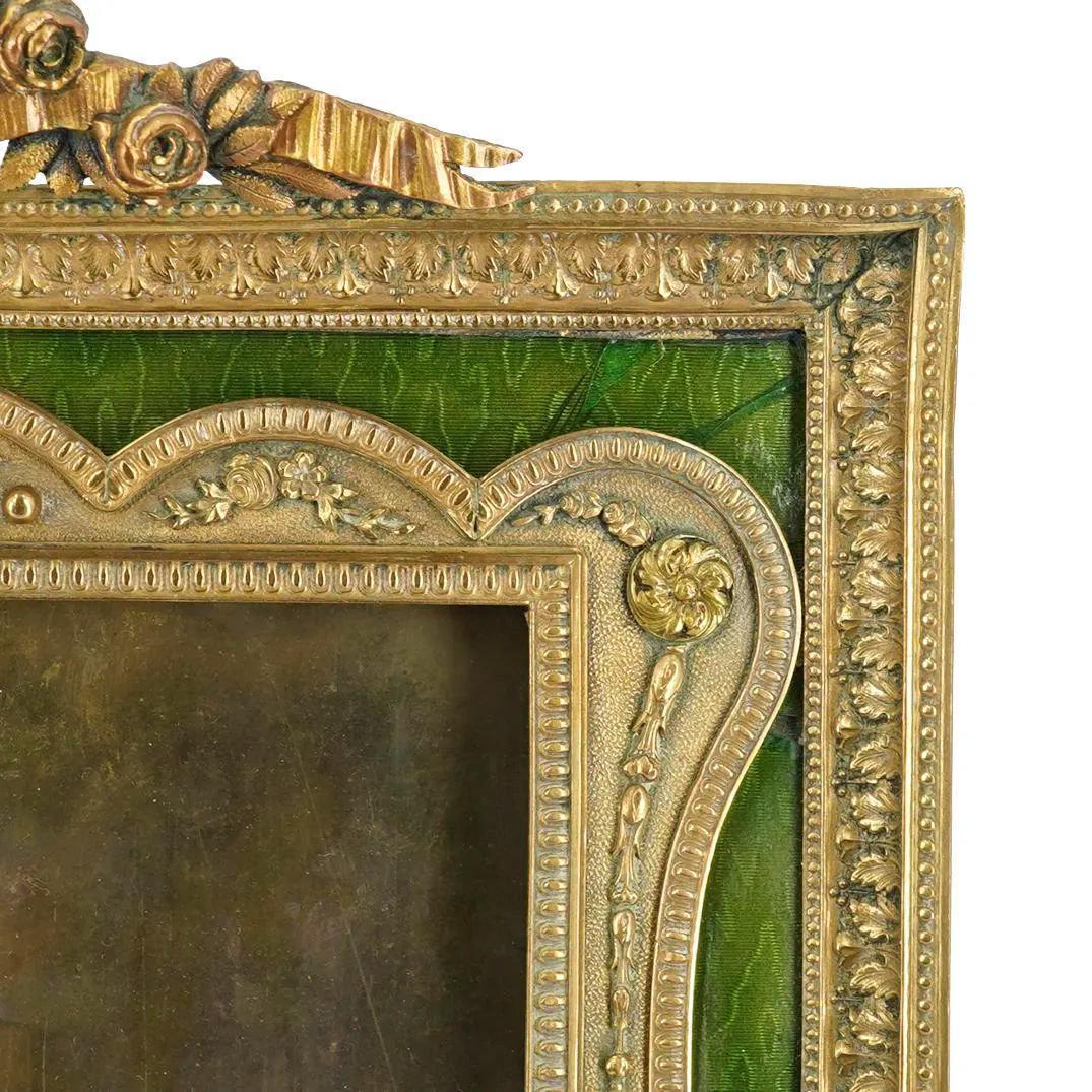 19th Century French Neoclassical Gilt Bronze and Green Enamel Picture Frame For Sale