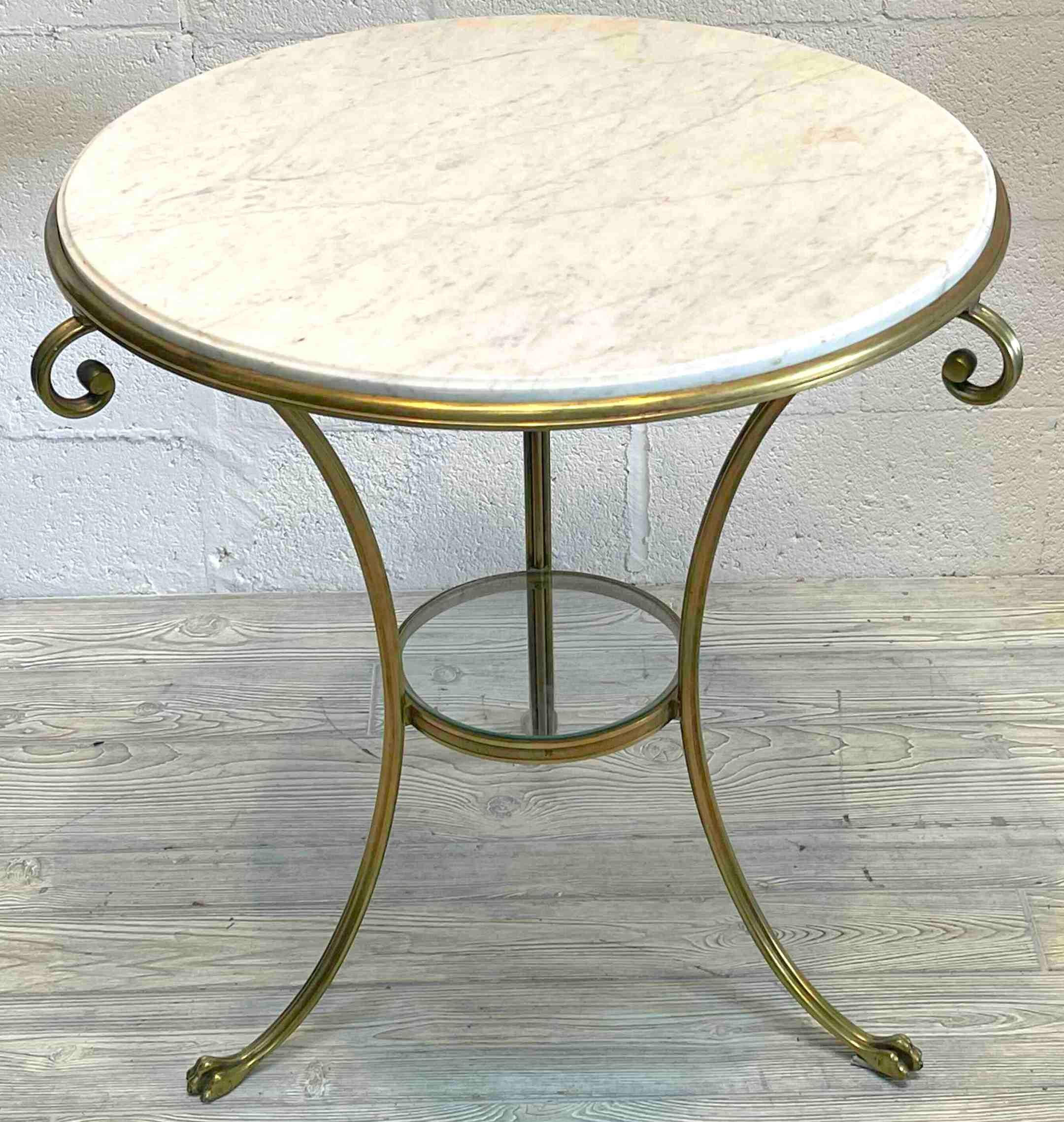 French neoclassical gilt bronze & marble gueridon, of typical form with inset Carrera marble top, raised by three finely cast reeded paw feet, with an inset 9