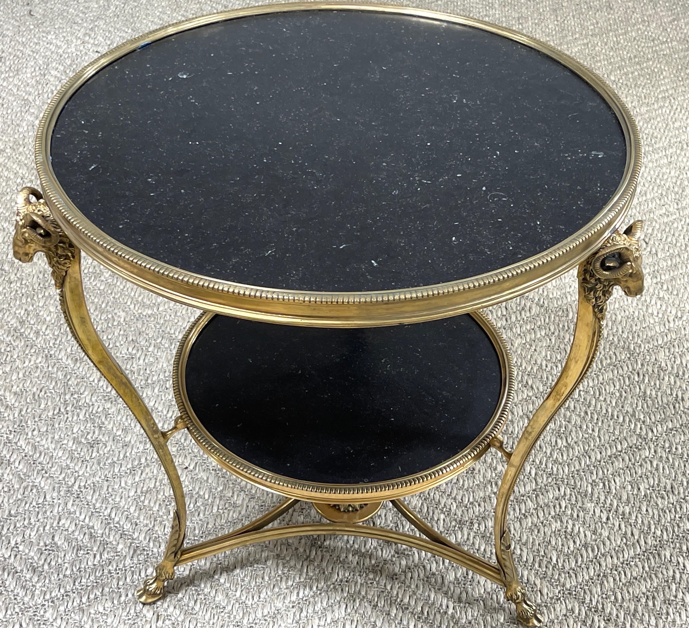 20th Century French Neoclassical Gilt Bronze Rams Head & Black Marble Gueridon Table