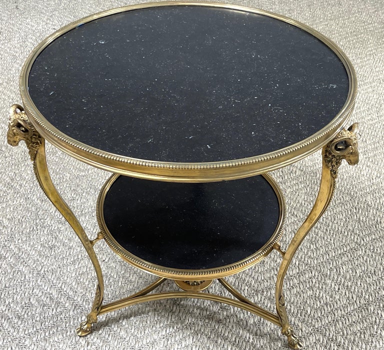 20th Century French Neoclassical Gilt Bronze Rams Head & Black Marble Gueridon Table For Sale