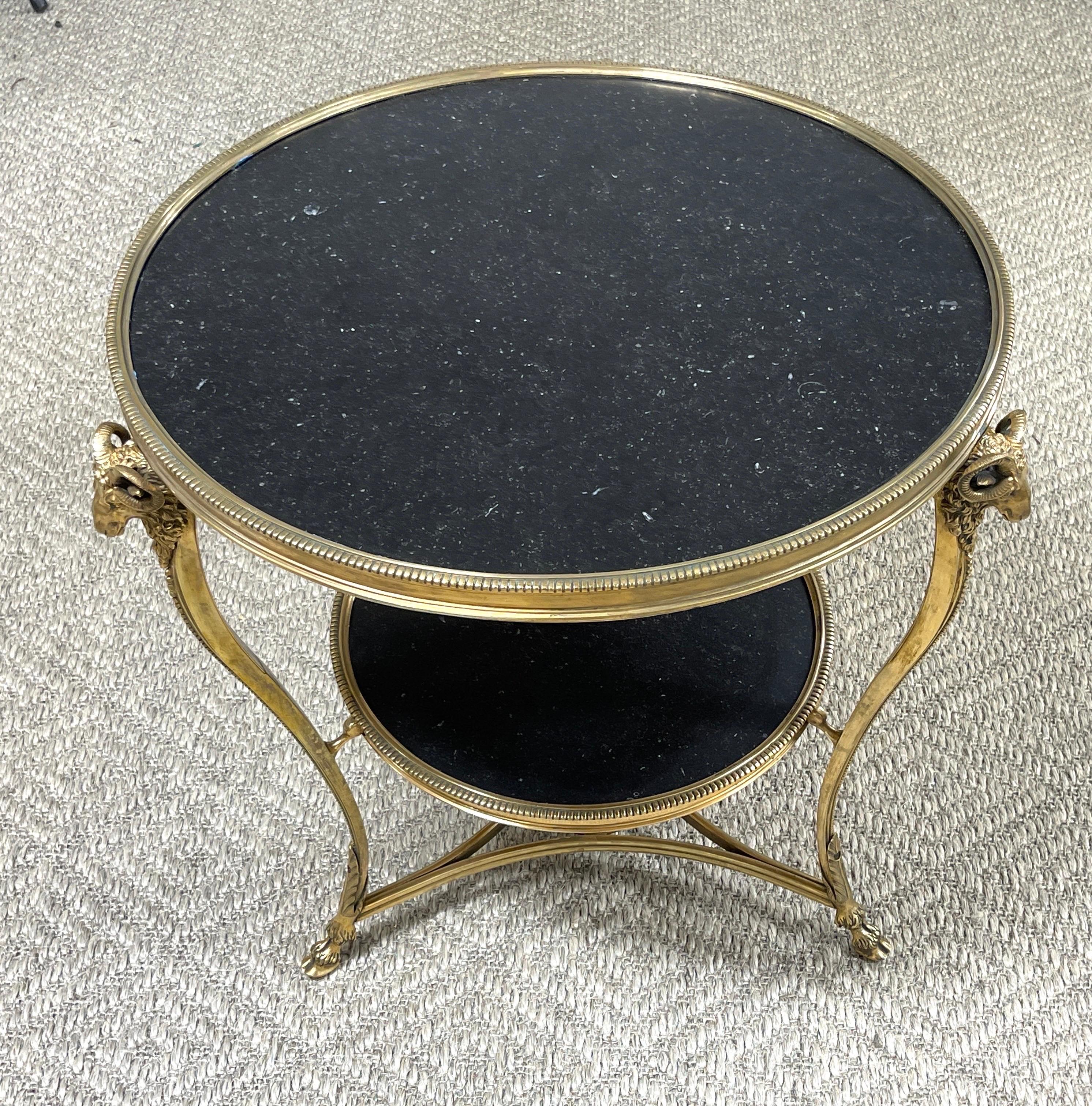 French Neoclassical Gilt Bronze Rams Head & Black Marble Gueridon Table 1