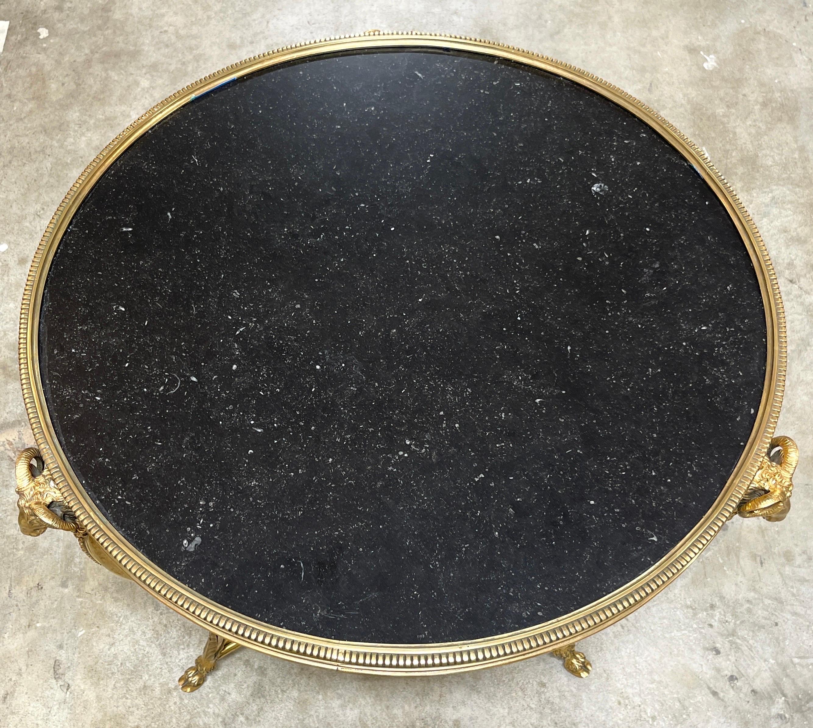 French Neoclassical Gilt Bronze Rams Head & Black Marble Gueridon Table 4
