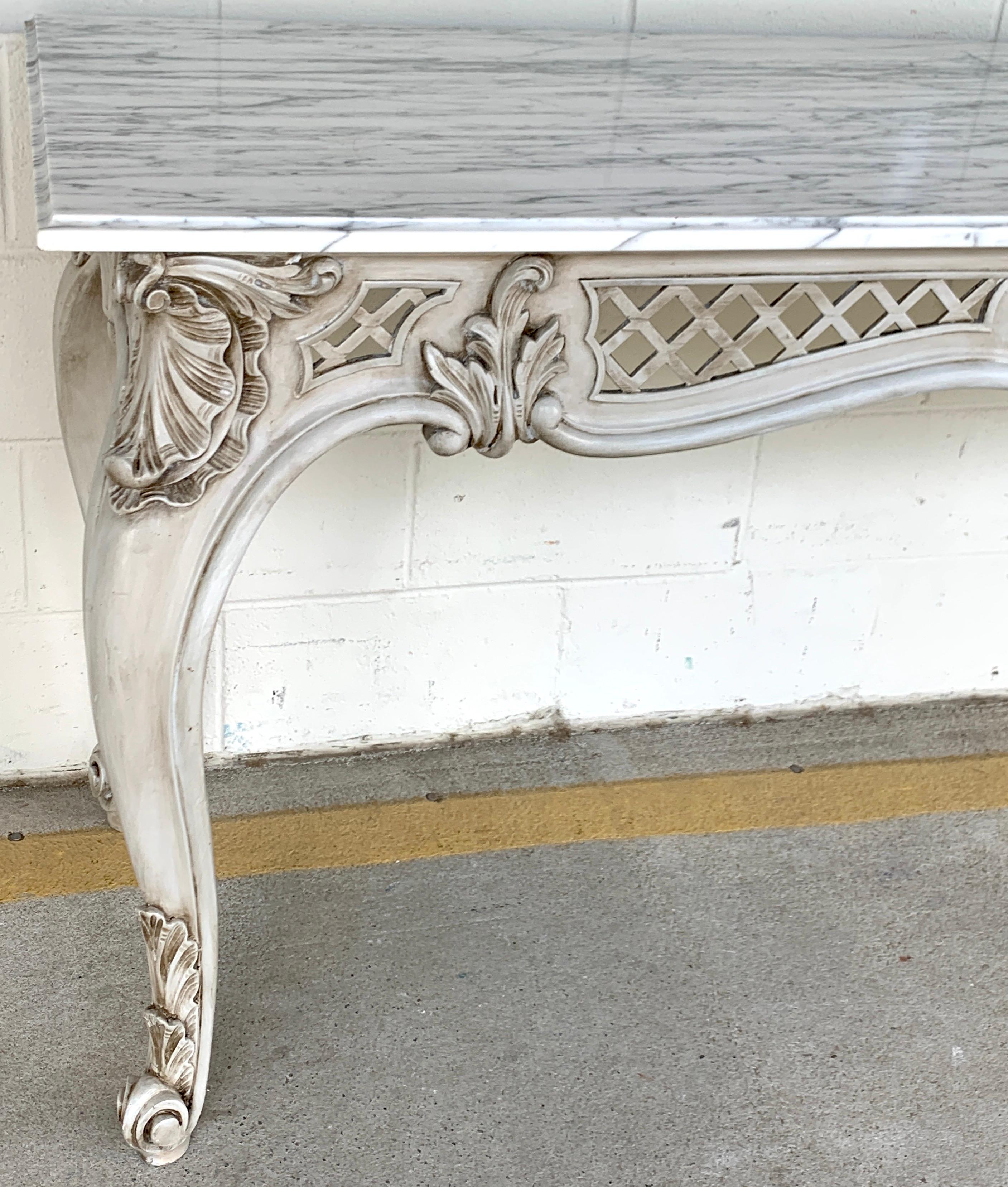 Carved French Neoclassical Grey Painted Marble-Top Console Table