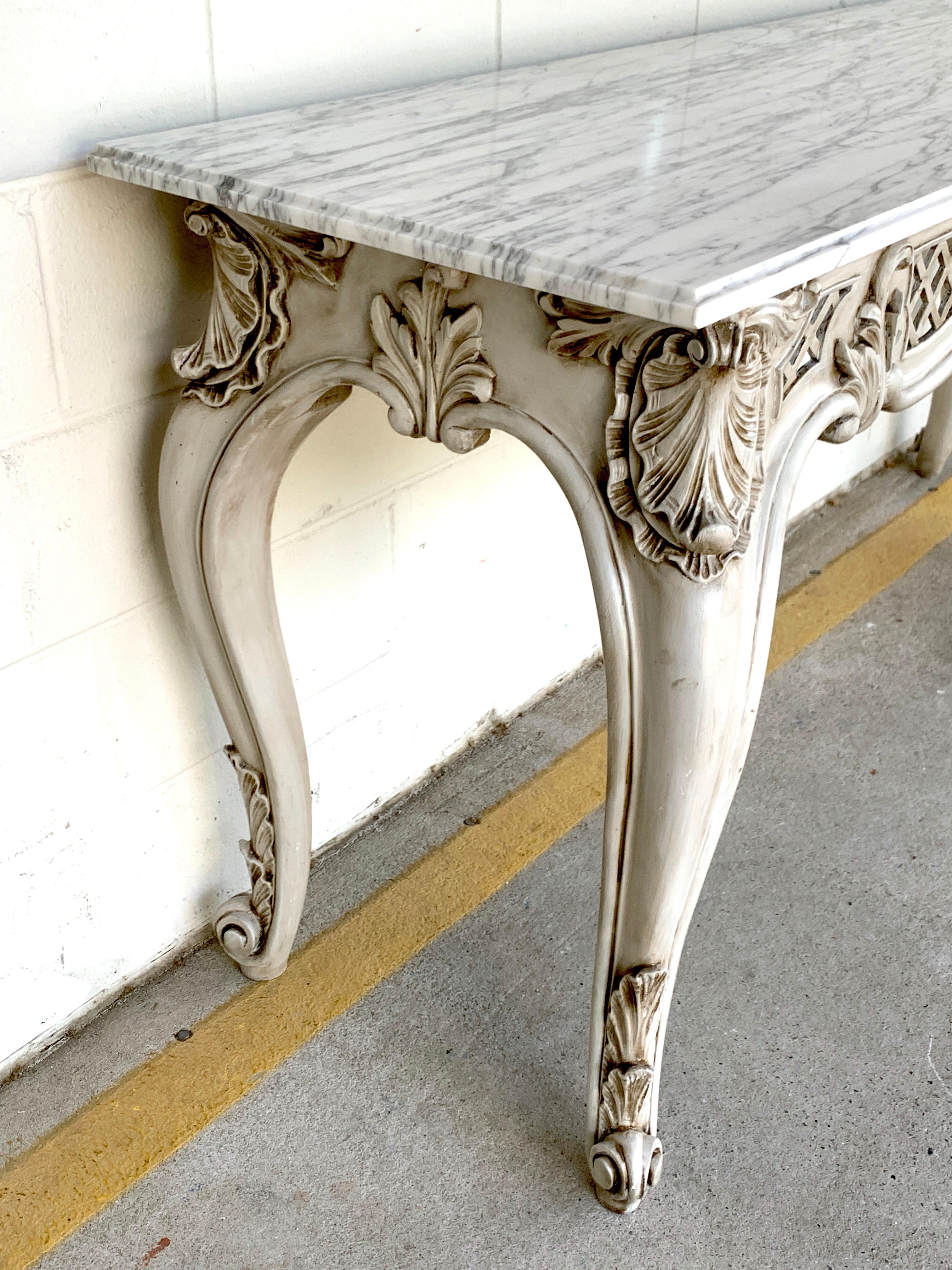 Carrara Marble French Neoclassical Grey Painted Marble-Top Console Table