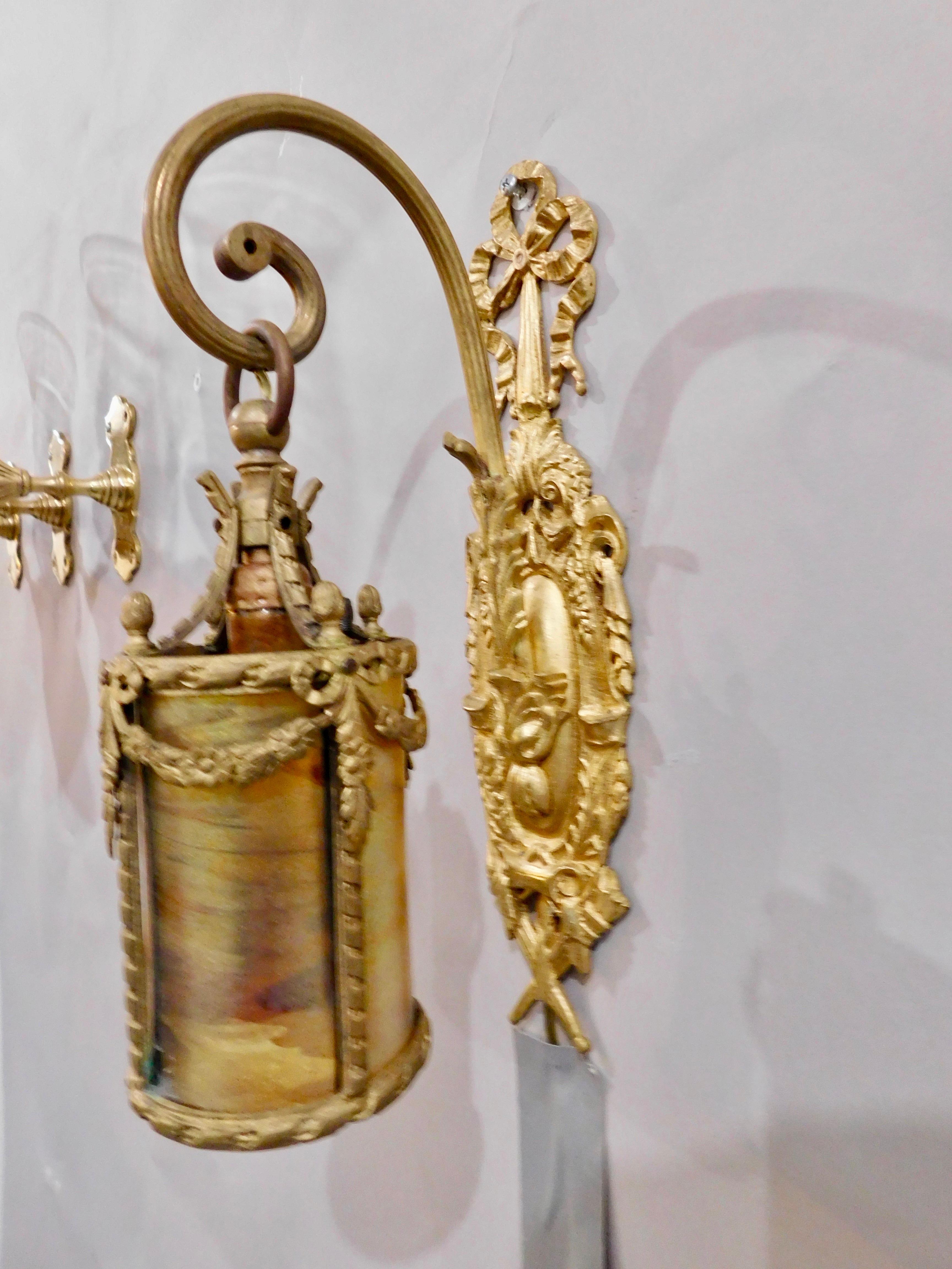 French Neoclassical Gilt Bronze and Brass Sconce with Iridescent Shade, France, 1880 For Sale