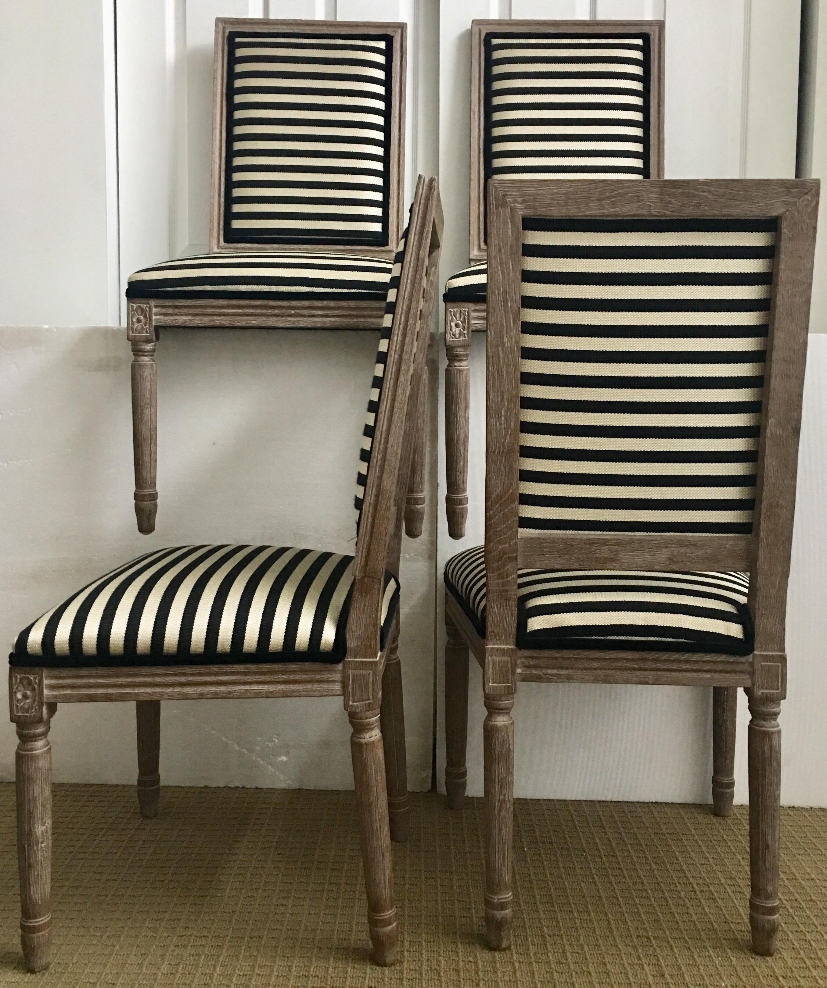 French Neoclassical Louis XVI Style Carved Wood Striped Dining Chairs 1