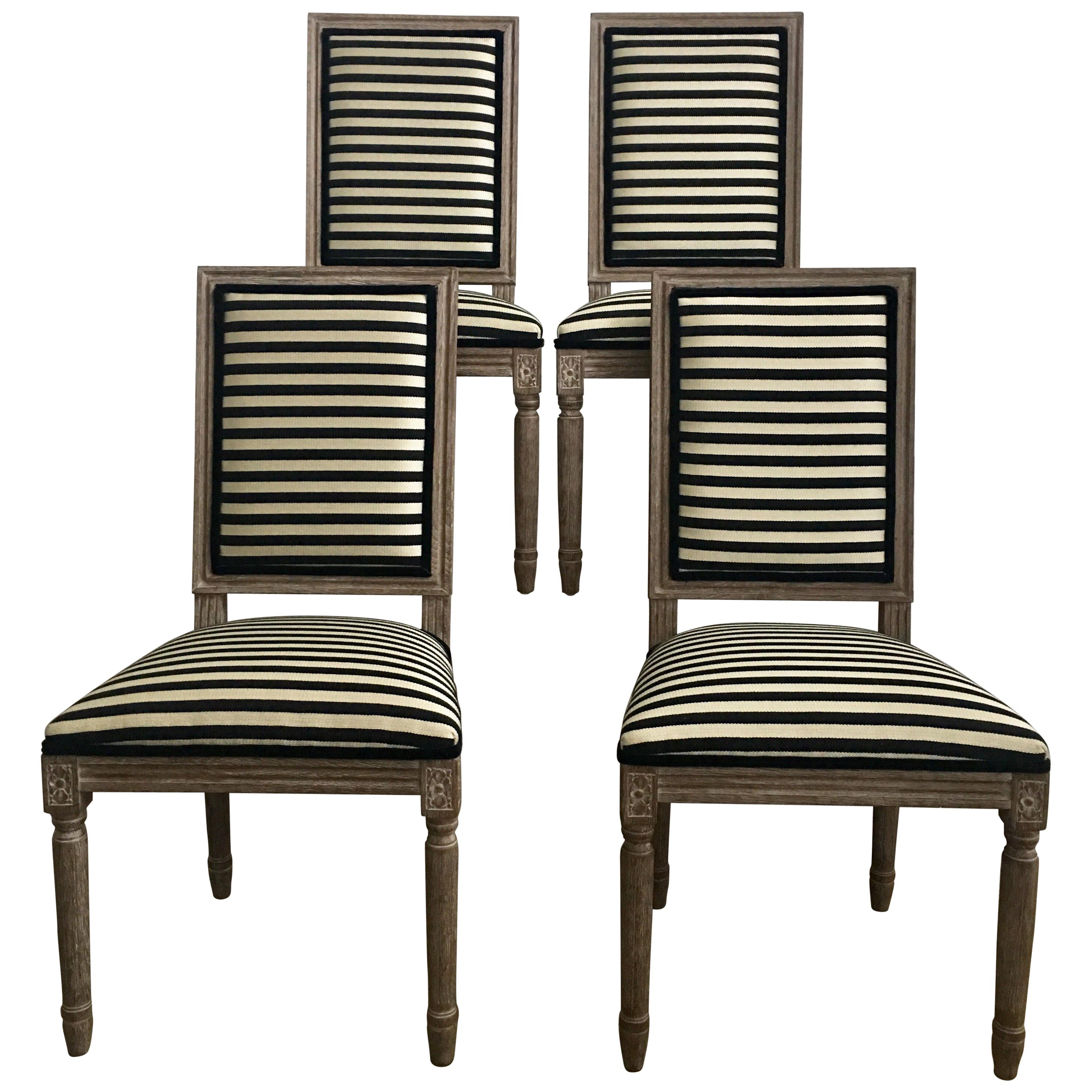 French Neoclassical Louis XVI Style Carved Wood Striped Dining Chairs