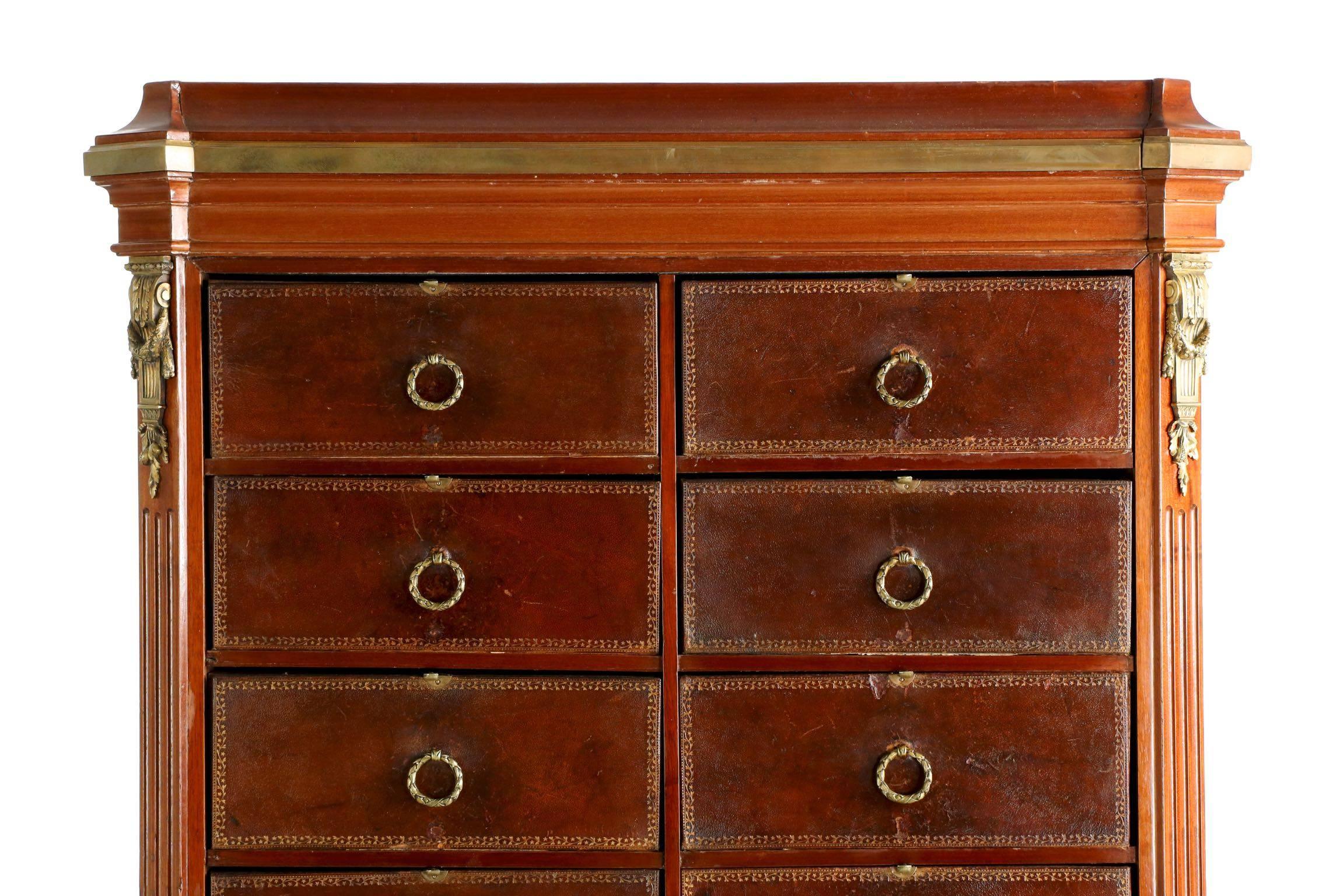 19th Century French Neoclassical Mahogany and Leather Antique Chest of Drawers Cartonnier