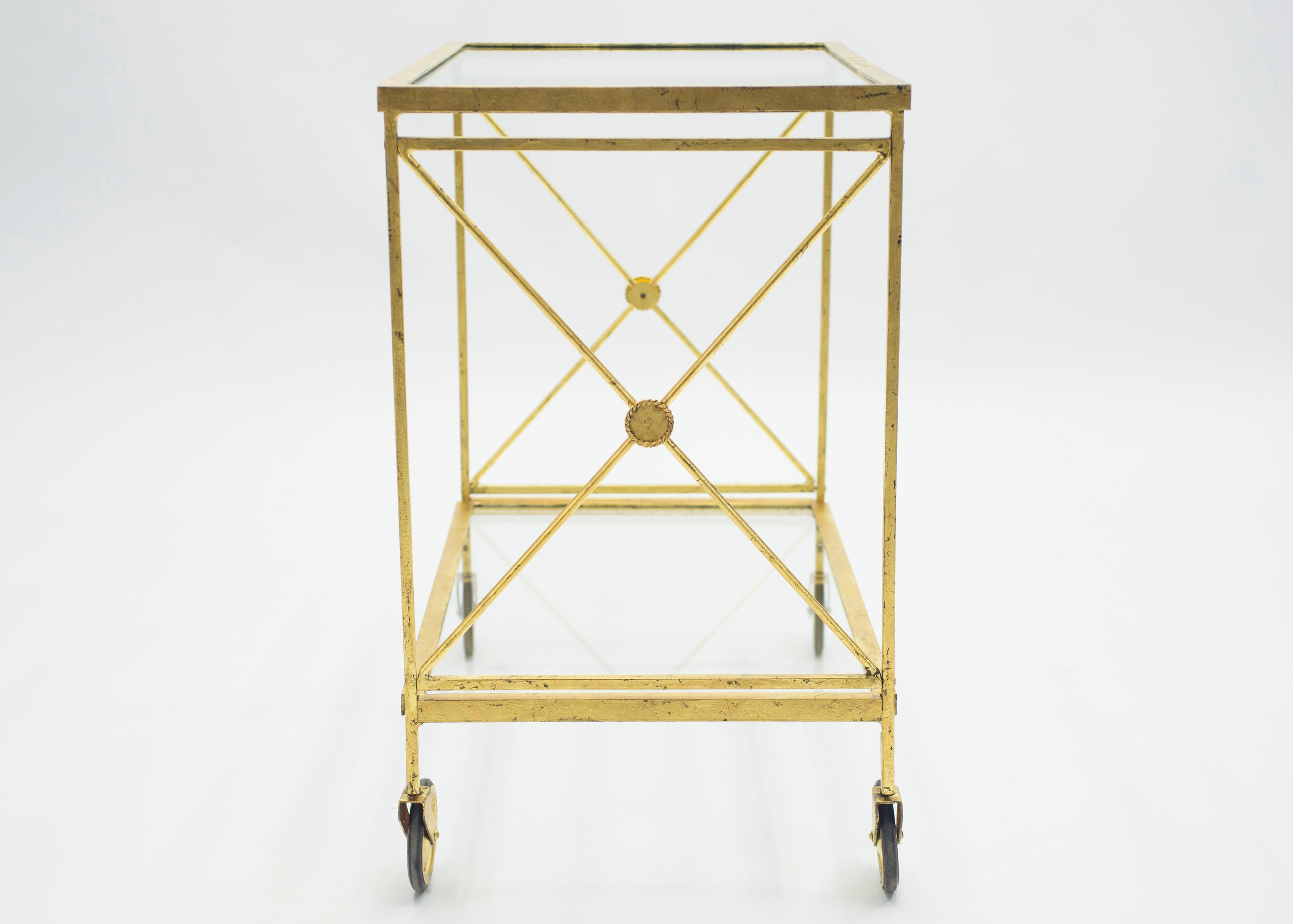 French Neoclassical Maison Jansen Gilded Iron Bar Cart, 1960s For Sale 4