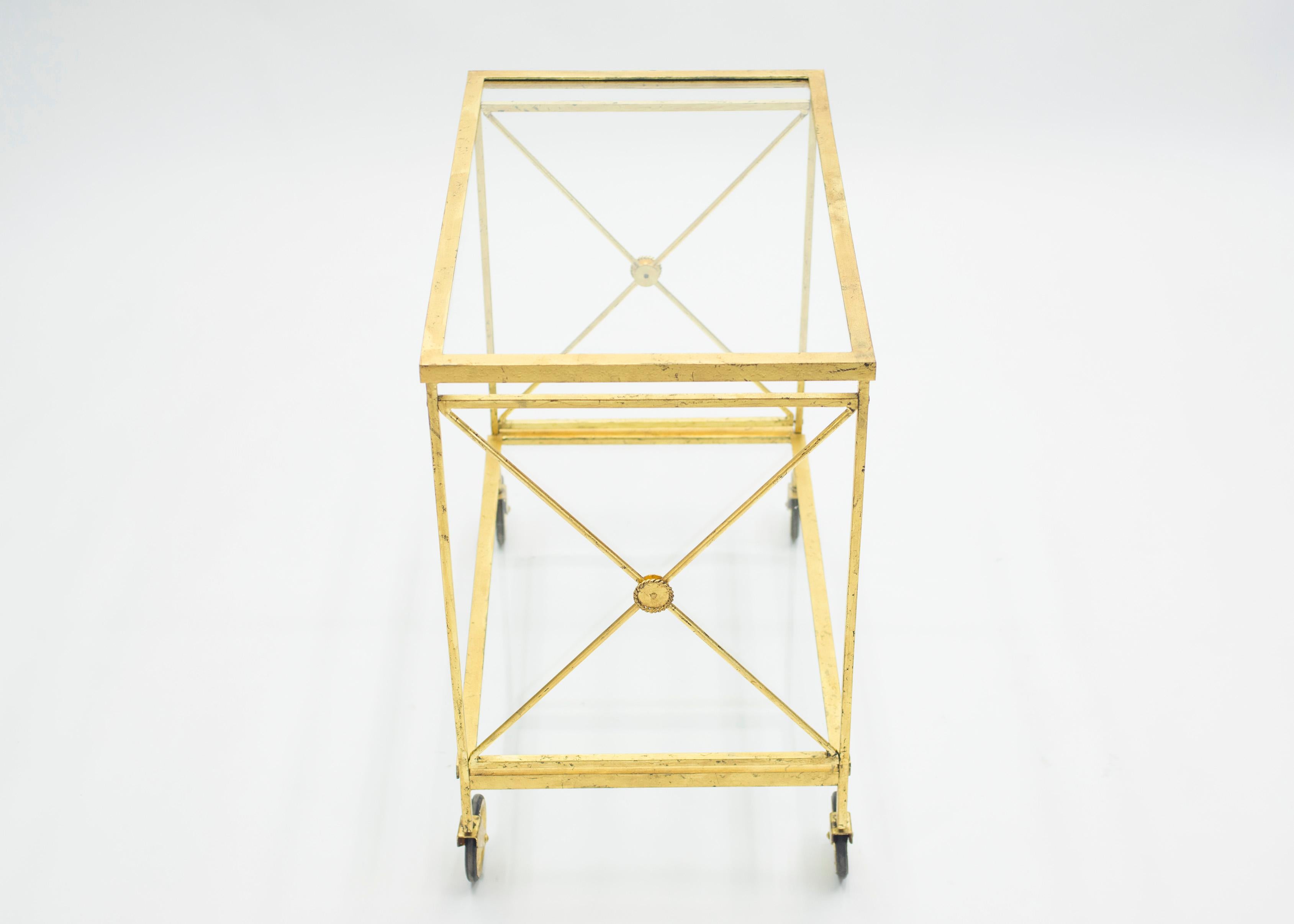 French Neoclassical Maison Jansen Gilded Iron Bar Cart, 1960s For Sale 5