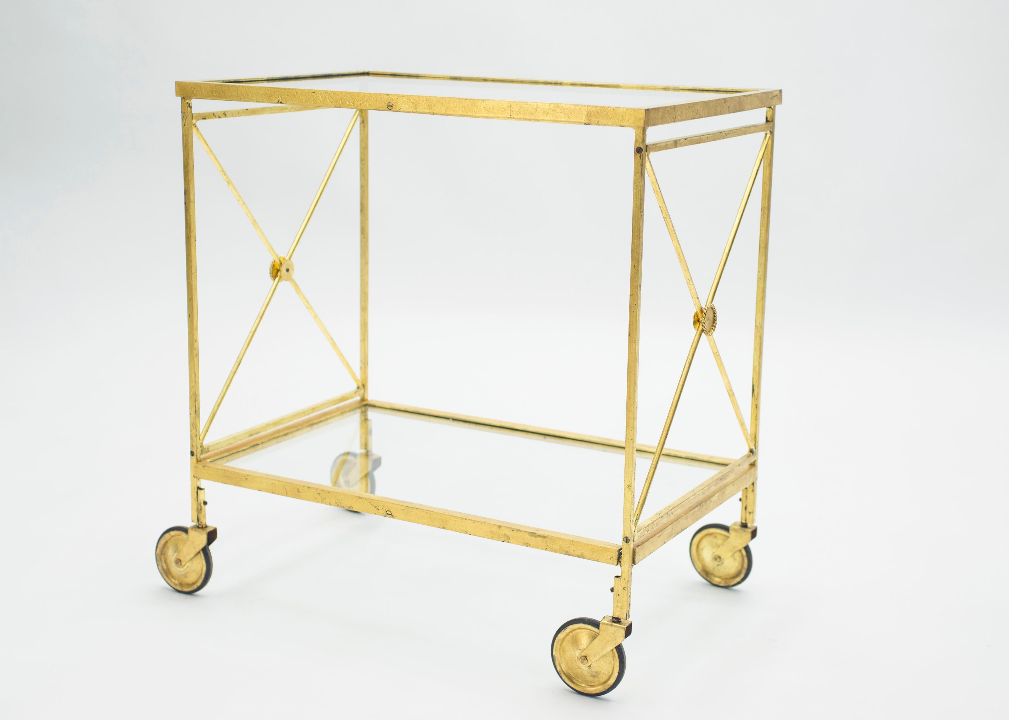 Mid-Century Modern French Neoclassical Maison Jansen Gilded Iron Bar Cart, 1960s For Sale