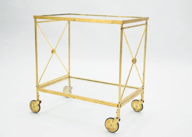 Mid-Century Modern French Neoclassical Maison Jansen Gilded Iron Bar Cart, 1960s For Sale