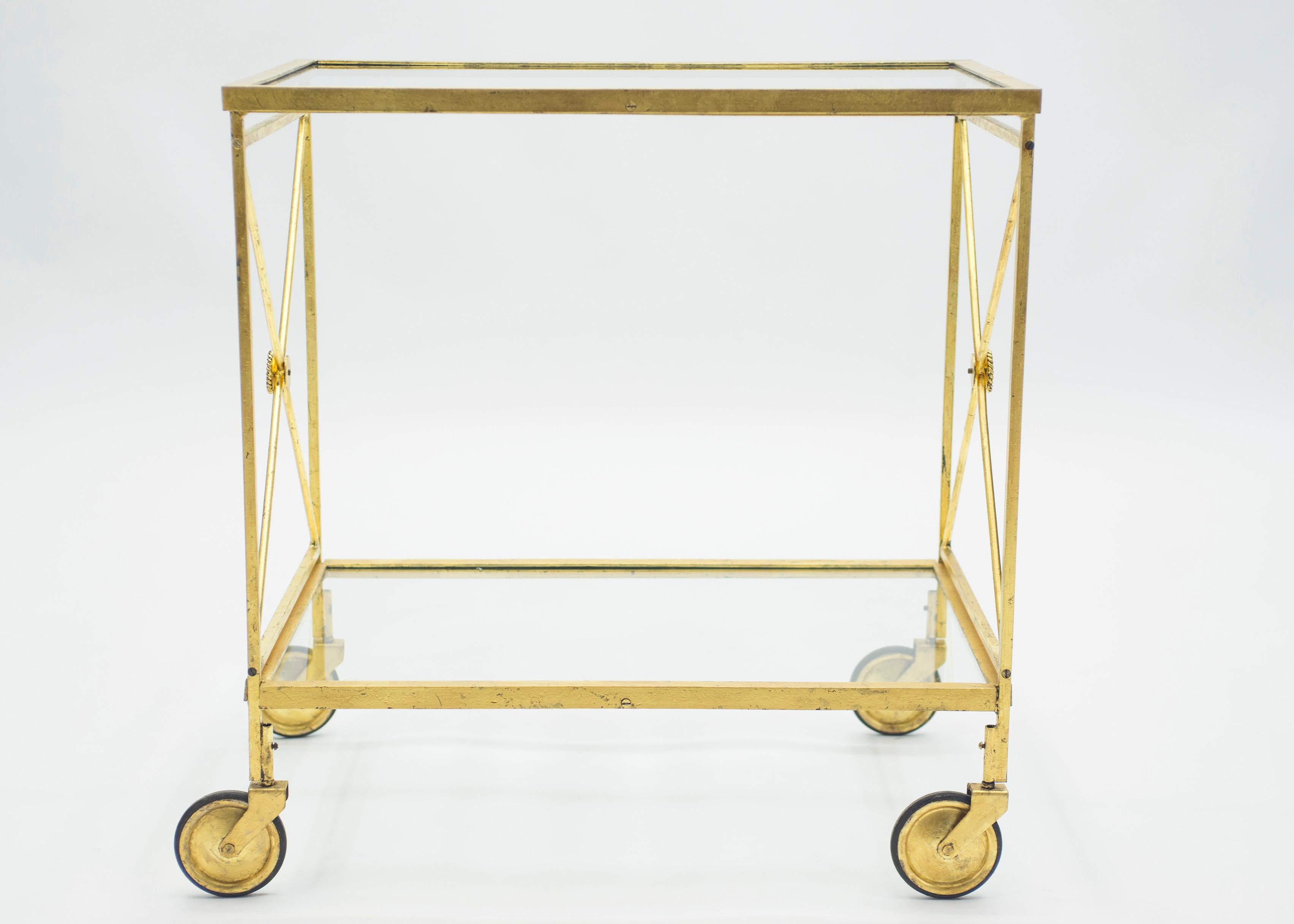 Glass French Neoclassical Maison Jansen Gilded Iron Bar Cart, 1960s For Sale