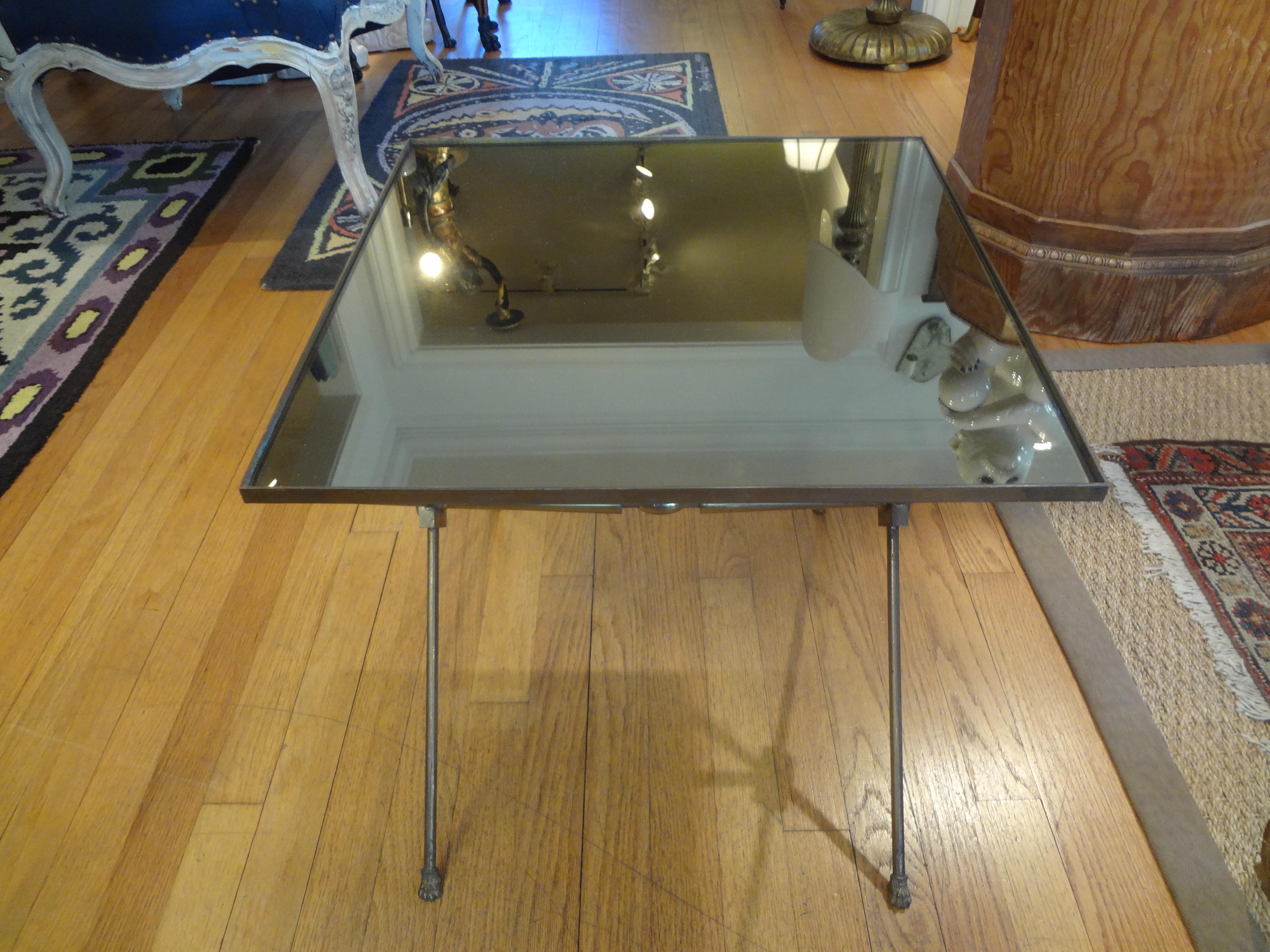 Mid-20th Century French Maison Bagués Style Brass Table with Mirrored Top For Sale