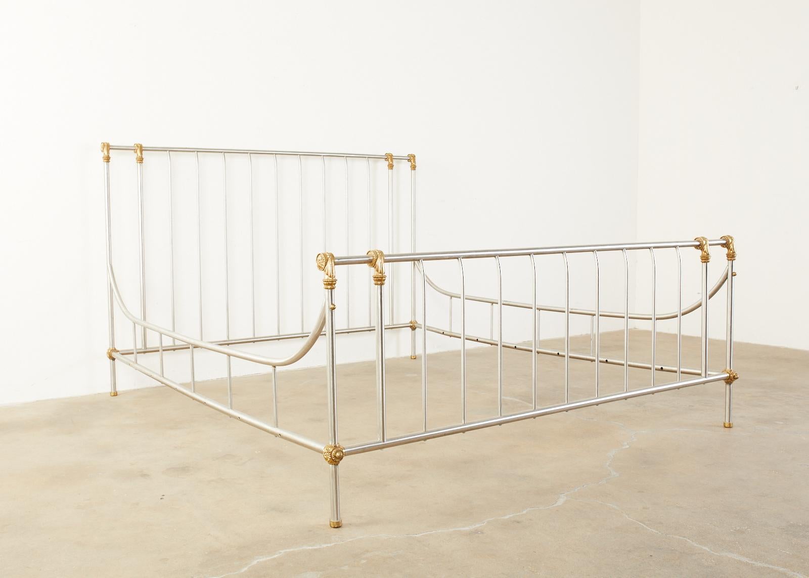 Fantastic mid-century French bed frame attributed to Maison Jansen. Constructed in the Neoclassical taste from steel and bronze. The bed frame consists of four parts, the head and foot board and two rails. Beautifully crafted with intricate details