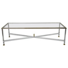 French Neoclassical Steel & Brass Rectangular Coffee Table after Maison Jansen