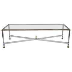 Vintage French Neoclassical Maison Jansen Style Steel & Brass Rectangular Coffee Table