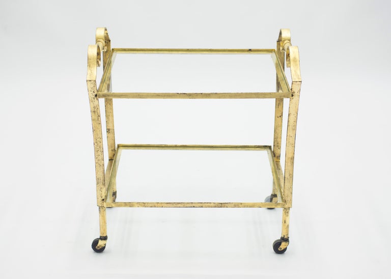 Art Deco French Neoclassical Maison Ramsay Gilded Iron Bar Cart, 1940s For Sale
