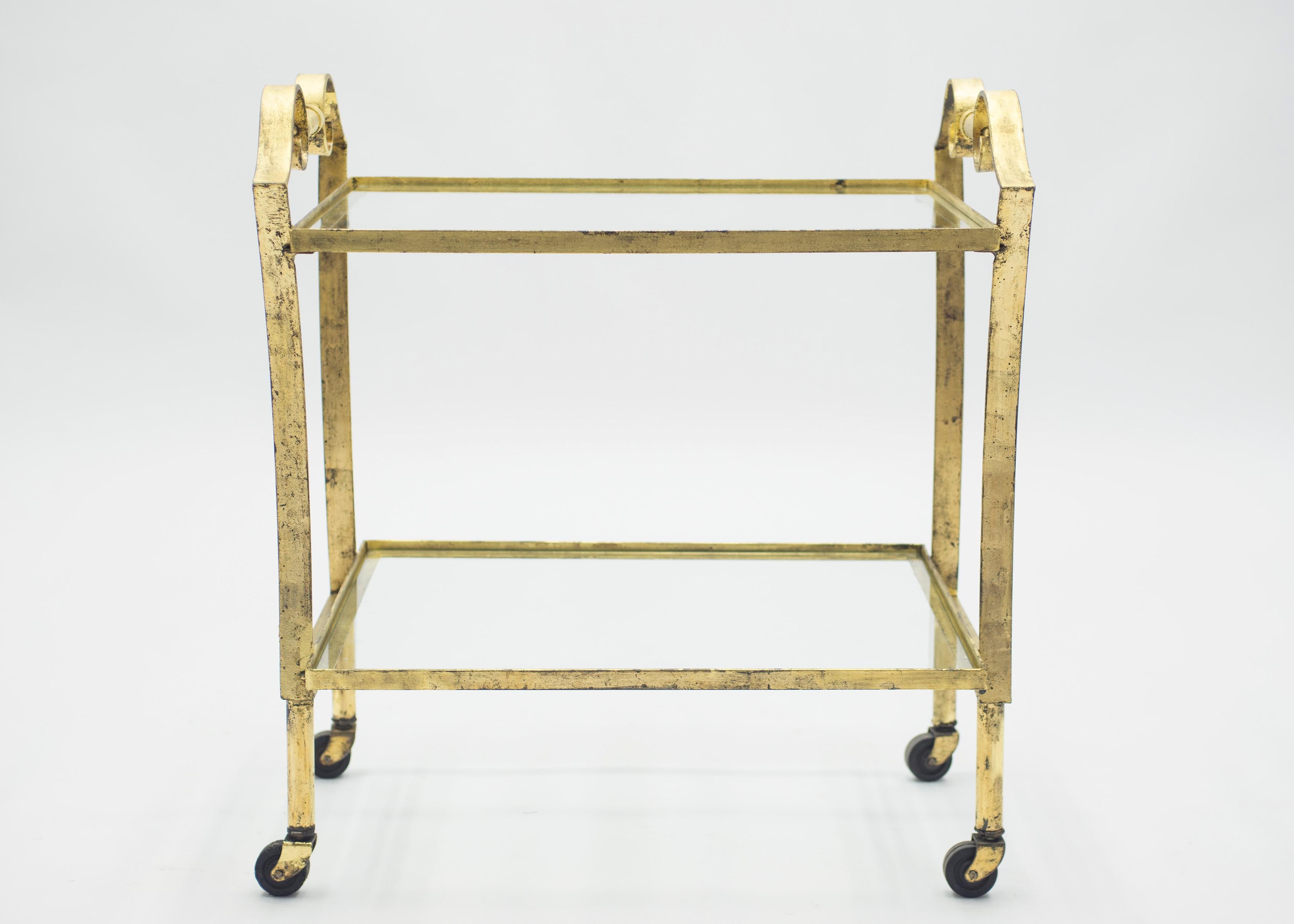 Art Deco French Neoclassical Maison Ramsay Gilded Iron Bar Cart, 1940s For Sale