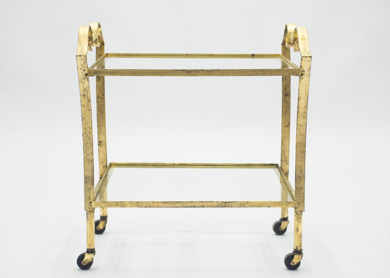 French Neoclassical Maison Ramsay Gilded Iron Bar Cart, 1940s In Good Condition For Sale In Paris, FR