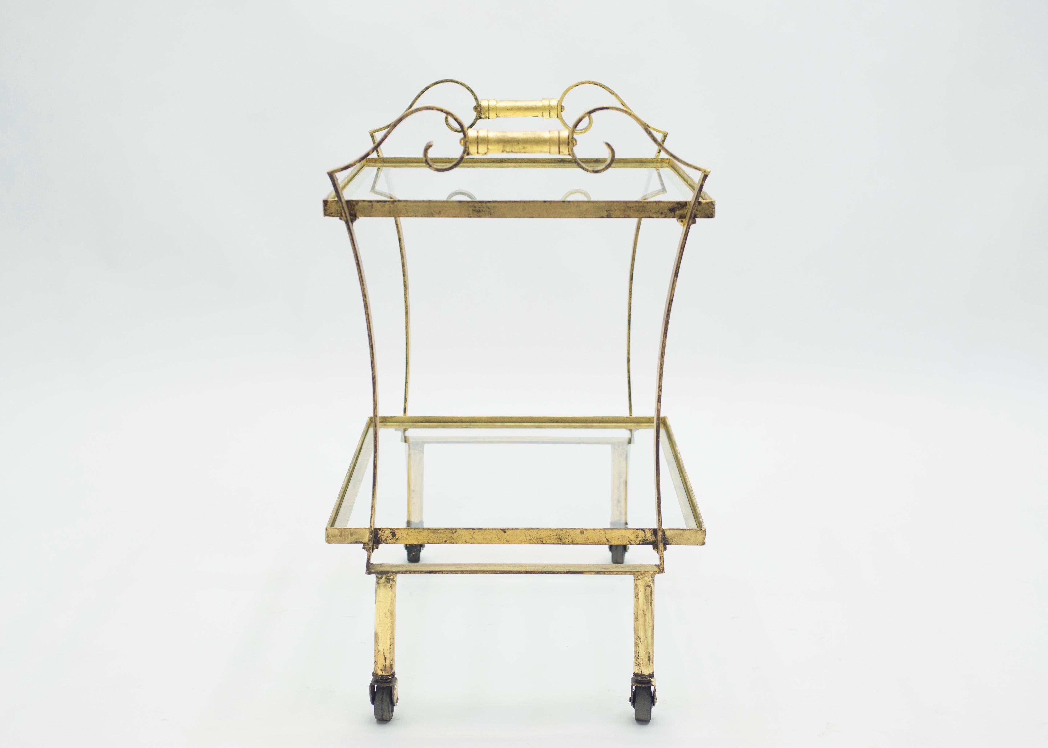 French Neoclassical Maison Ramsay Gilded Iron Bar Cart, 1940s In Good Condition For Sale In Paris, IDF
