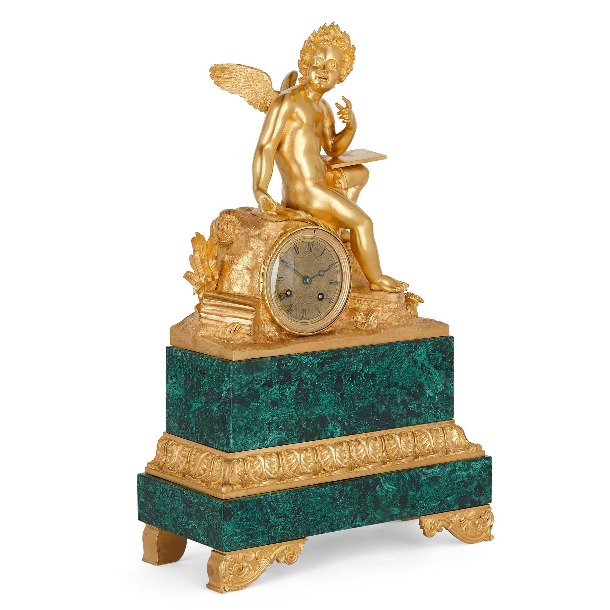 French neoclassical malachite and gilt bronze mantel clock
French, circa 1830
Measures: Height 51cm, width 33cm, depth 14cm

This mantel clock is a fine example of the Charles X style. The clock, wrought from malachite and gilt bronze, features