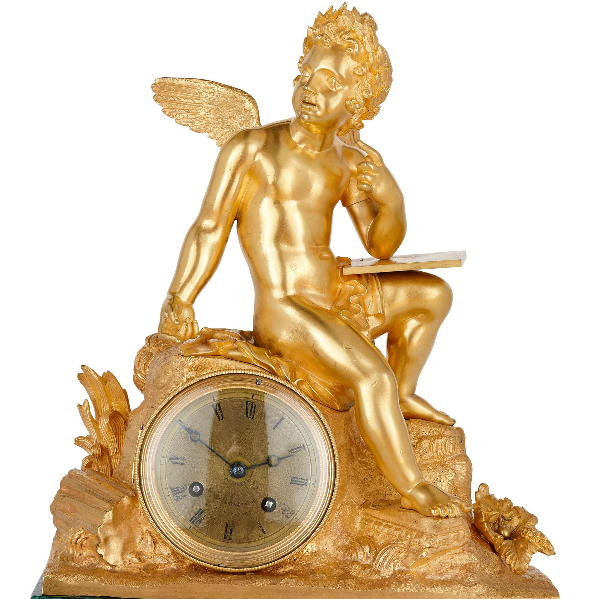 French Neoclassical Malachite and Gilt Bronze Mantel Clock In Good Condition For Sale In London, GB
