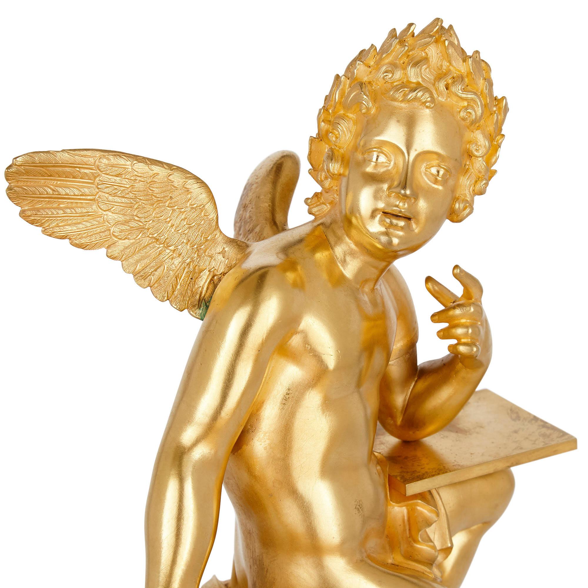 Neoklassizistische Kaminuhr aus Malachit und vergoldeter Bronze im neoklassizistischen Stil (Vergoldet) im Angebot