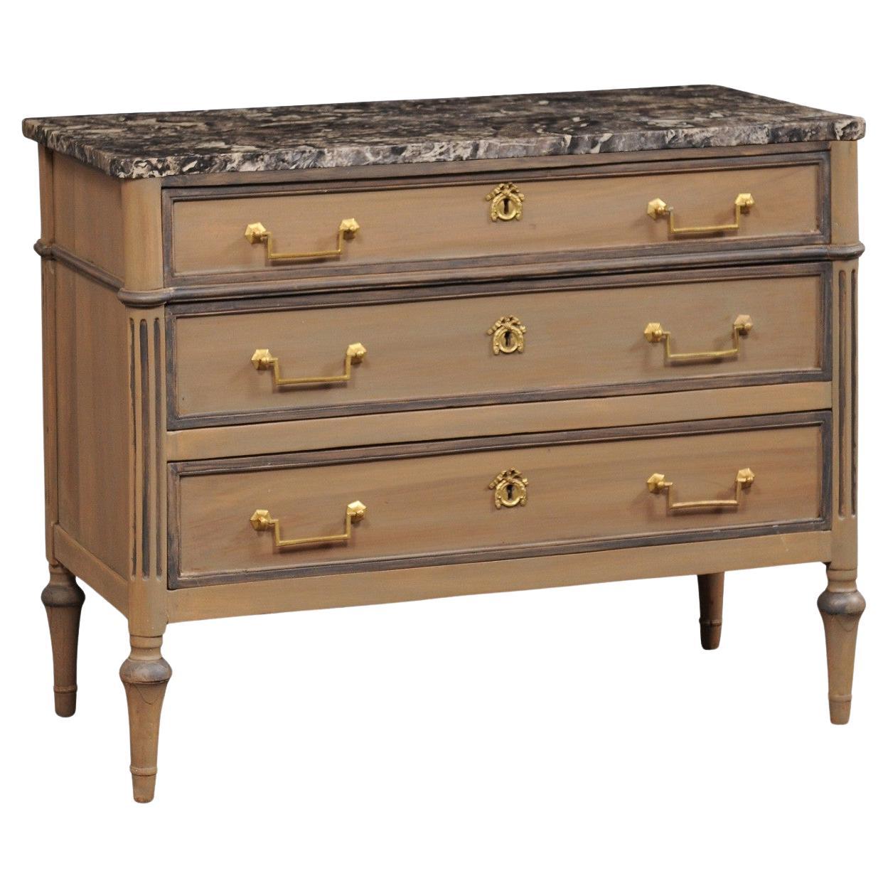French Neoclassical Marble Top Commode w/Brass Hardware, 19th C.