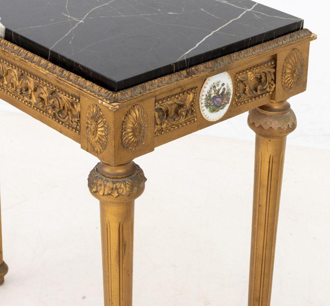 Porcelain French Neoclassical Marble Top Giltwood Console For Sale