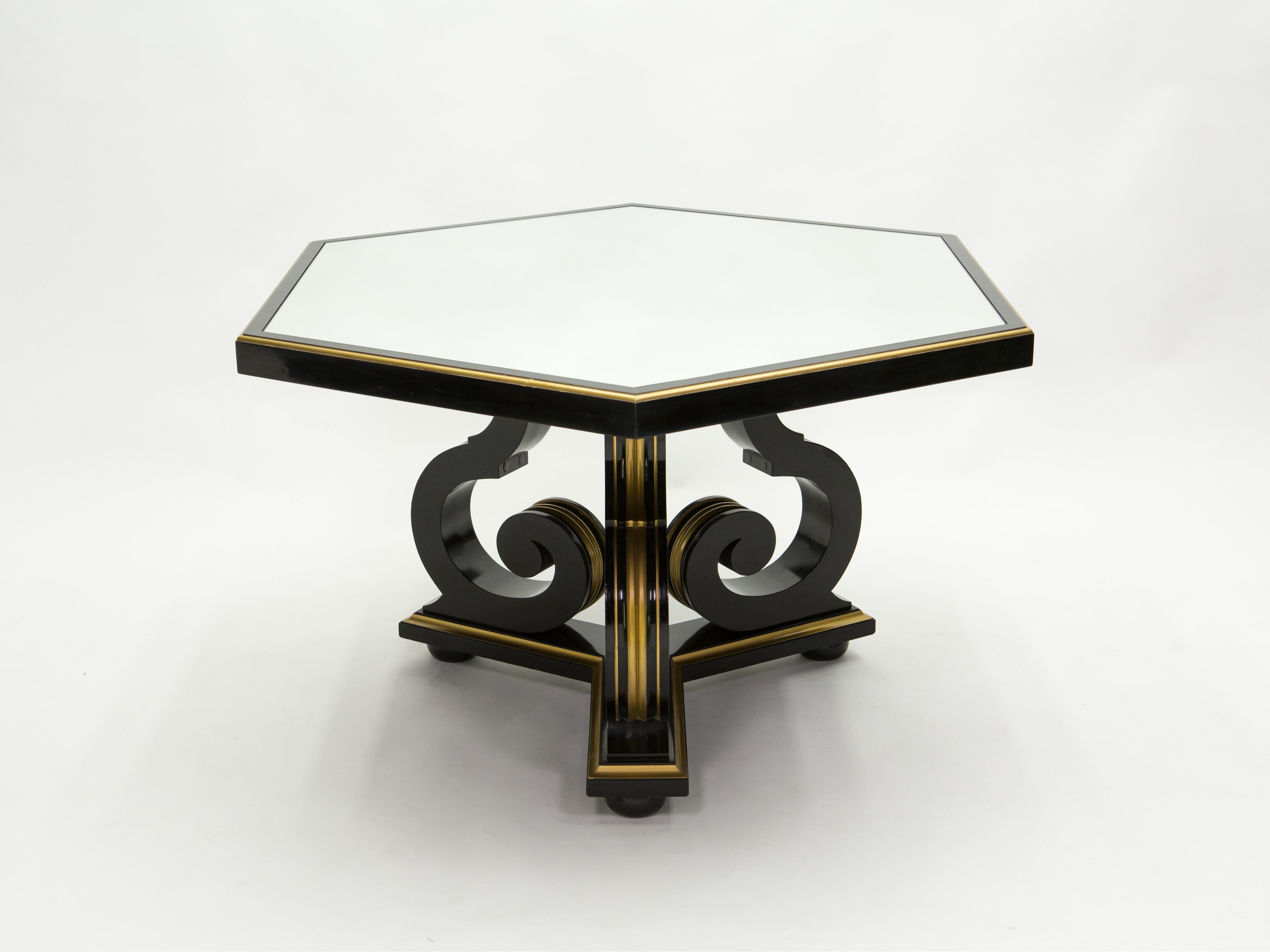 Mid-Century Modern French Neoclassical Maurice Hirsch Black Gilded Mirror Table, 1970s For Sale