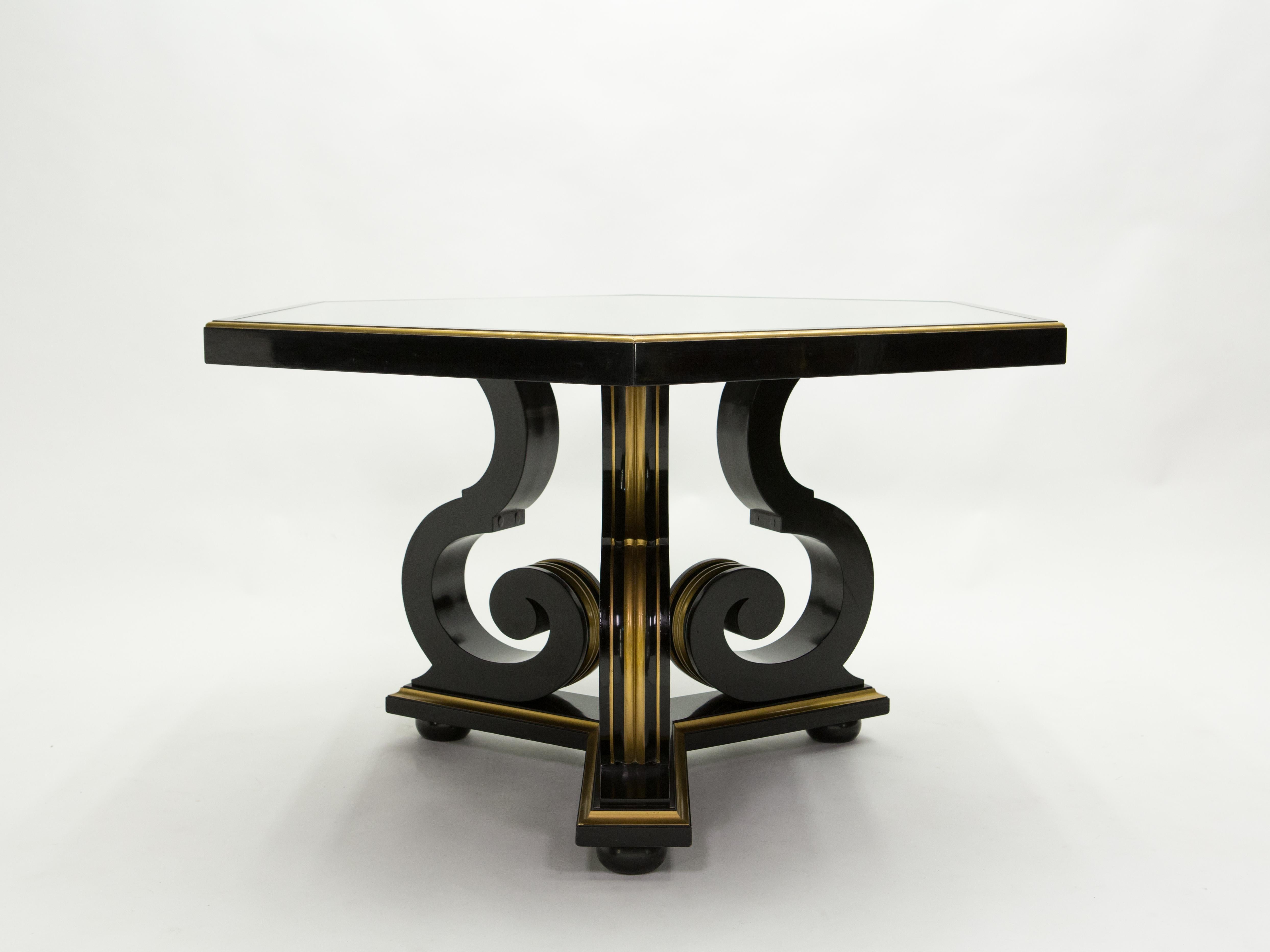 Wood French Neoclassical Maurice Hirsch Black Gilded Mirror Table, 1970s For Sale