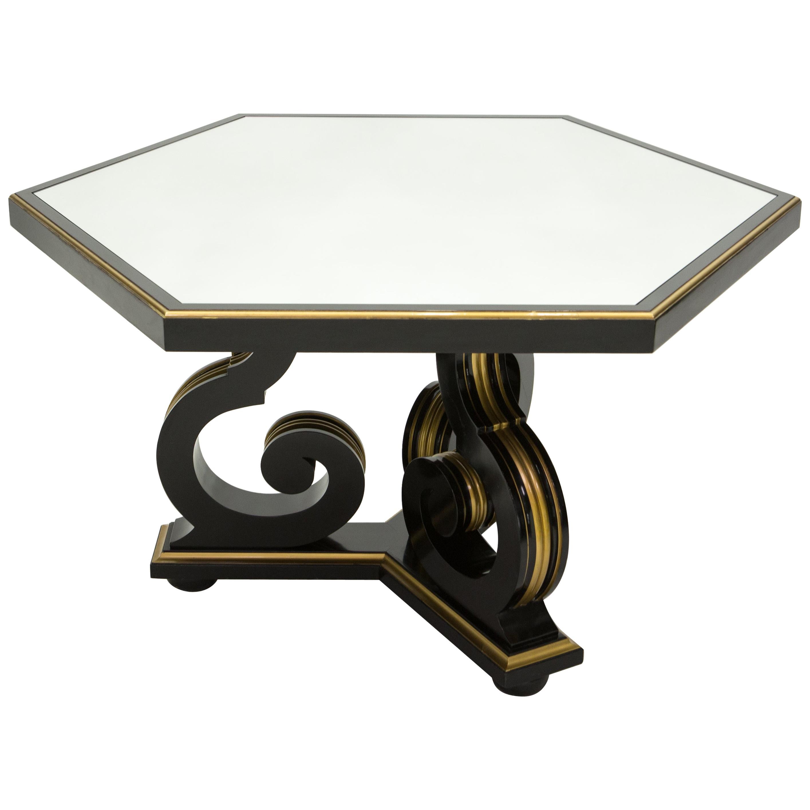 French Neoclassical Maurice Hirsch Black Gilded Mirror Table, 1970s