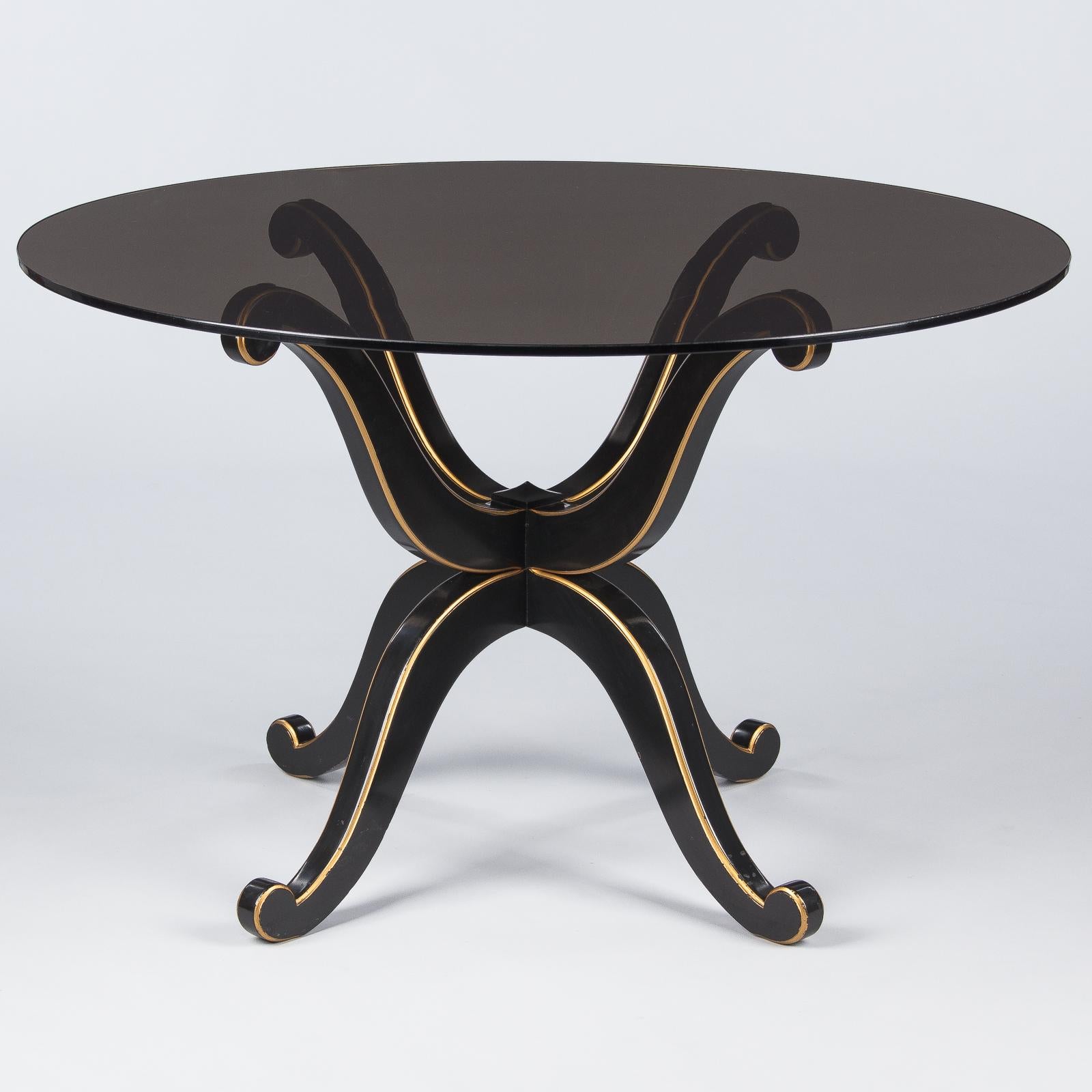 French Neoclassical Maurice Hirsch Glass Top Table with Ebonized Base, 1950s 10