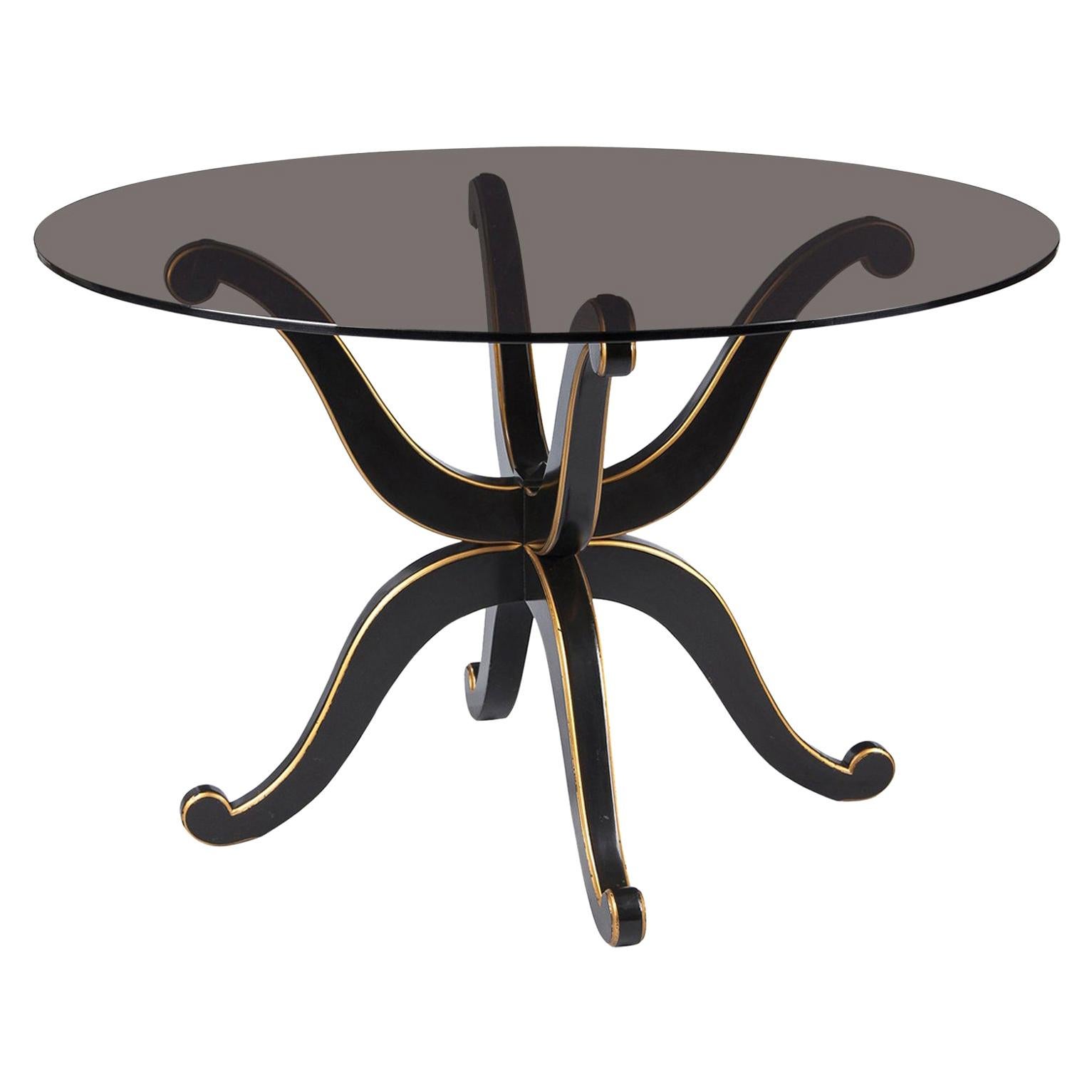 French Neoclassical Maurice Hirsch Glass Top Table with Ebonized Base, 1950s